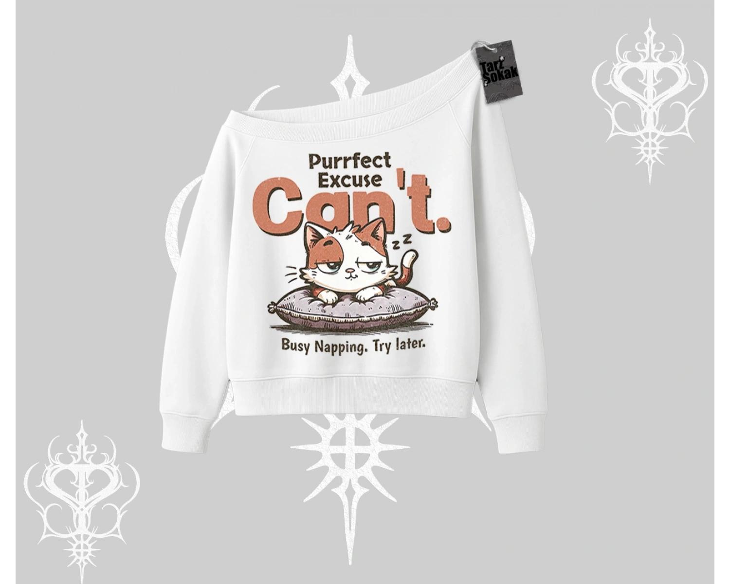 Kedi Baskılı Cant Busy Napping Y2K  Kayık Yaka Sweatshirt