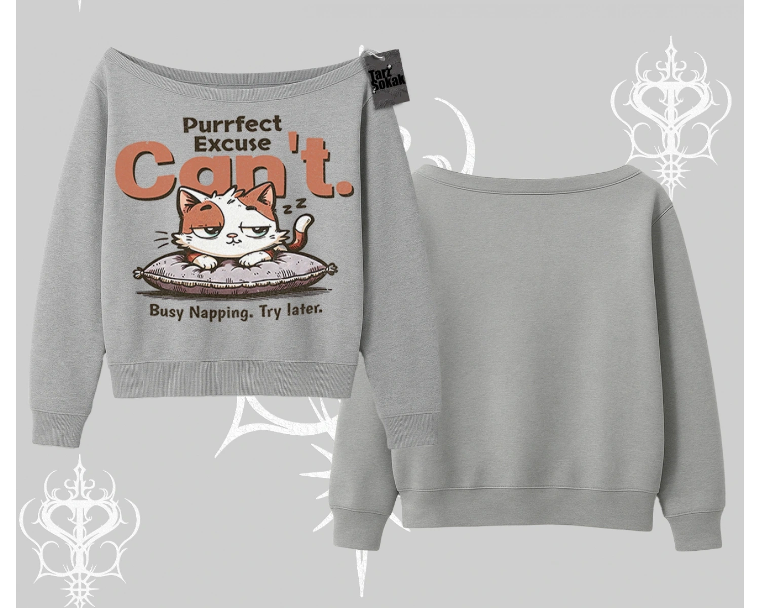 Kedi Baskılı Cant Busy Napping Y2K  Kayık Yaka Sweatshirt