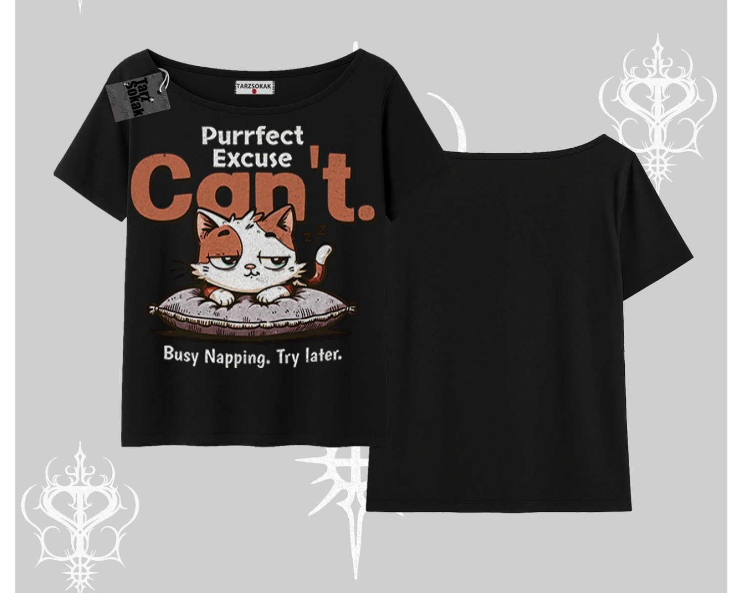 Kedi Baskılı Cant Busy Napping Y2K  Kayık Yaka Tshirt