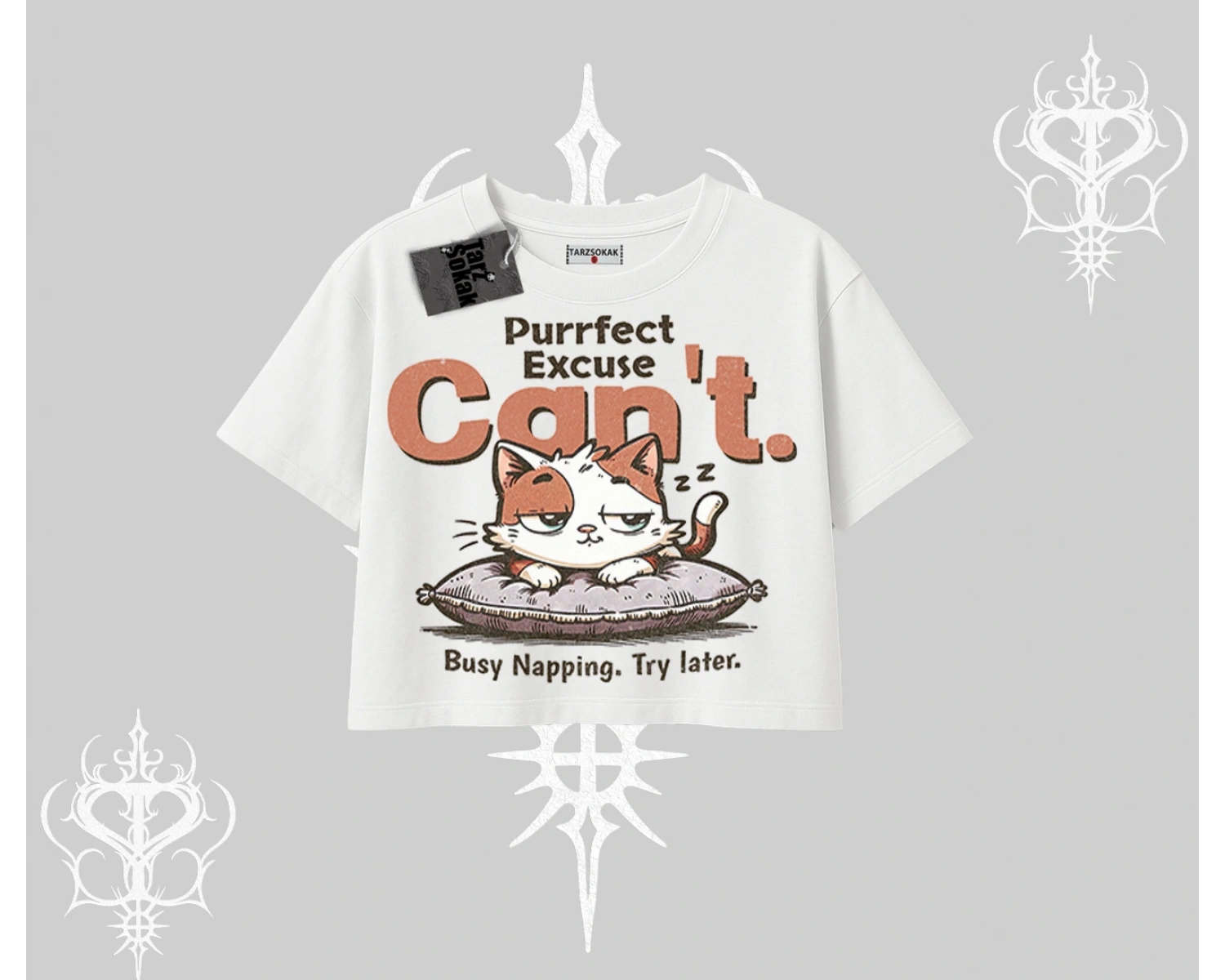 Kedi Baskılı Cant Busy Napping Y2K  Oversize Crop Tshirt