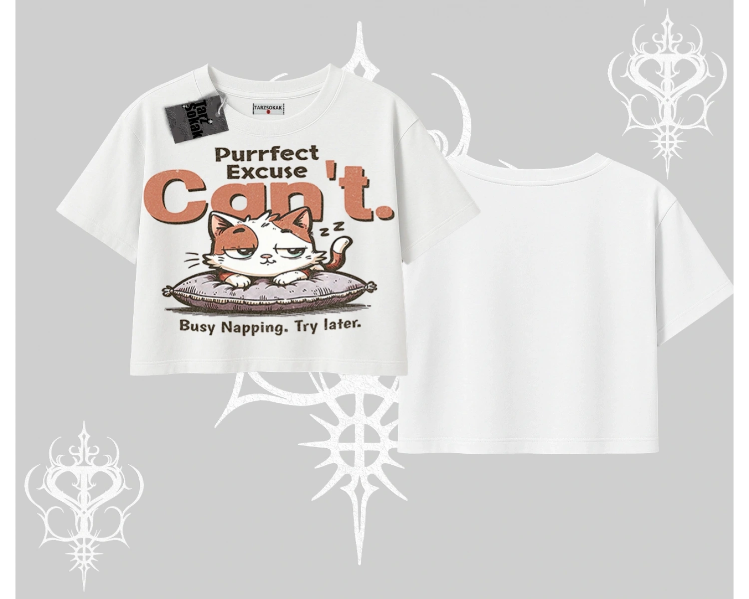 Kedi Baskılı Cant Busy Napping Y2K  Oversize Crop Tshirt