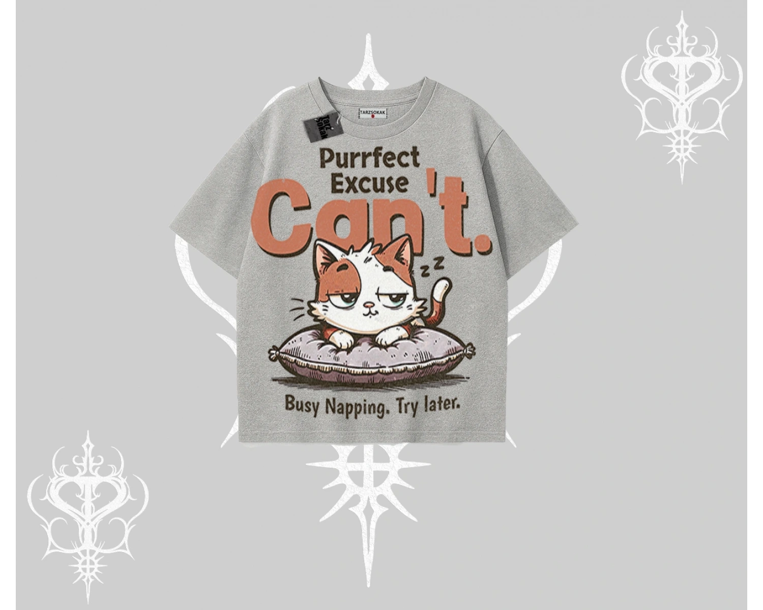 Kedi Baskılı Cant Busy Napping Y2K  Oversize Tshirt