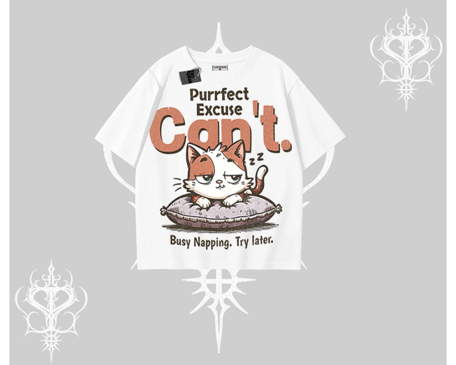 Kedi Baskılı Cant Busy Napping Y2K  Oversize Tshirt