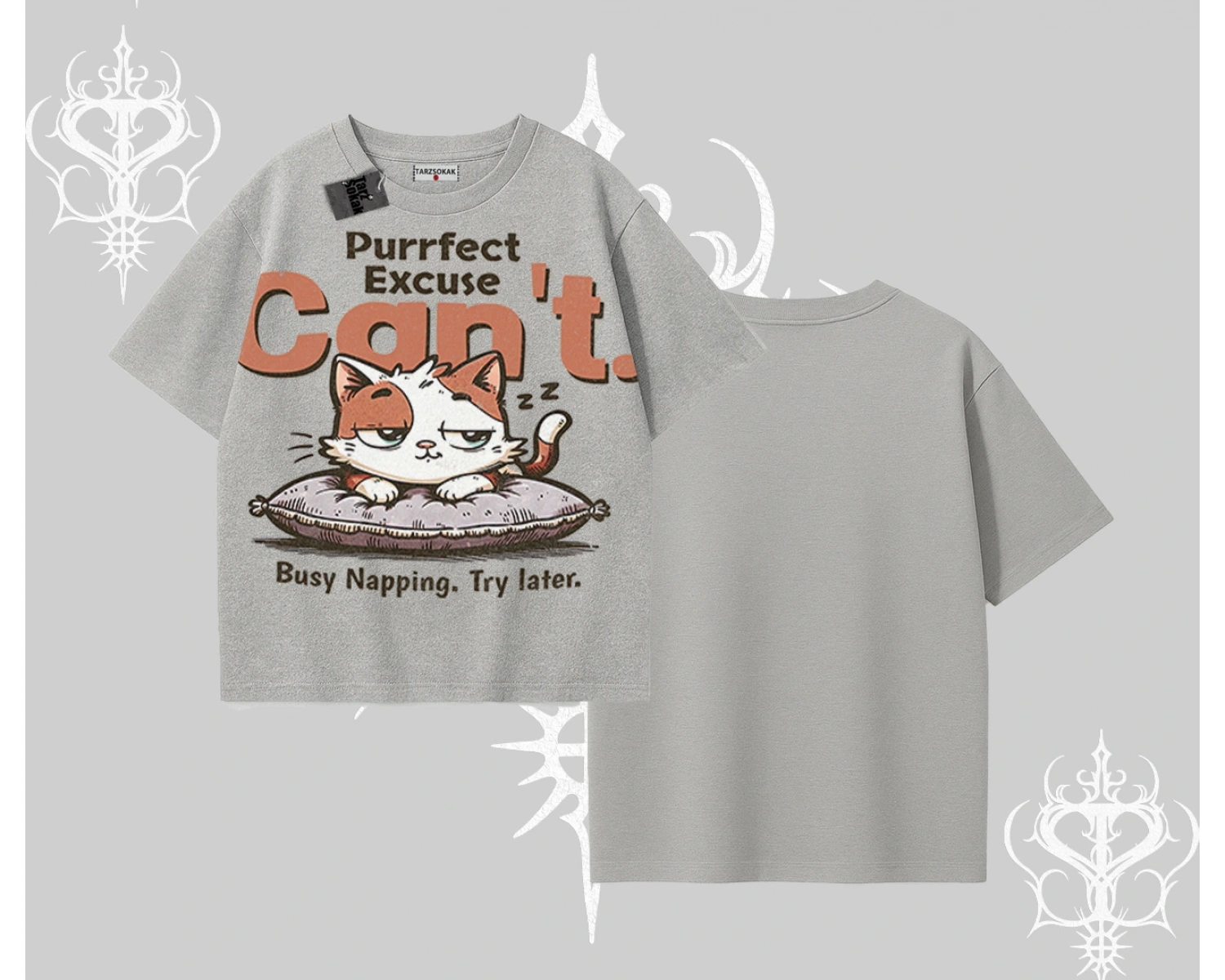 Kedi Baskılı Cant Busy Napping Y2K  Oversize Tshirt