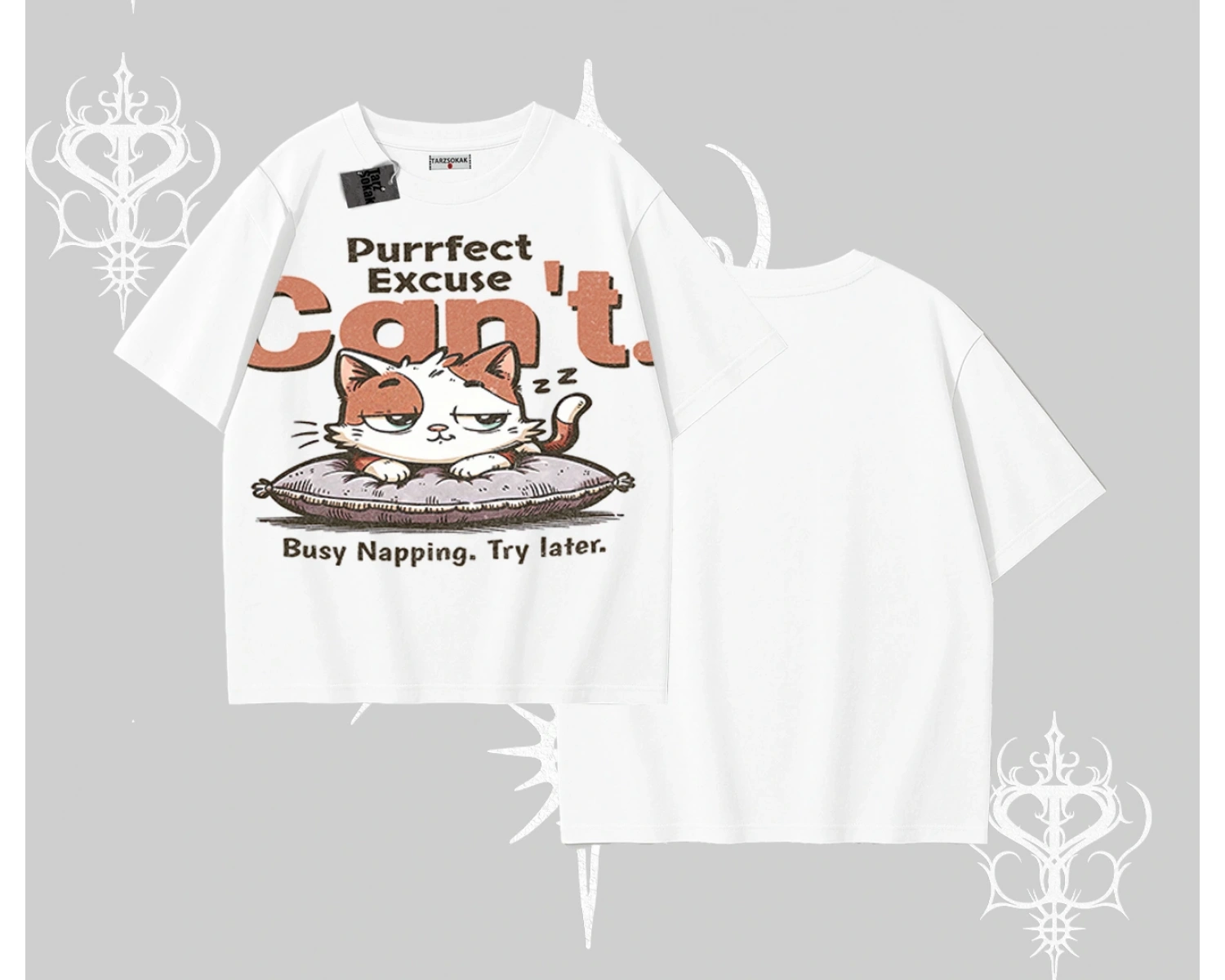 Kedi Baskılı Cant Busy Napping Y2K  Oversize Tshirt