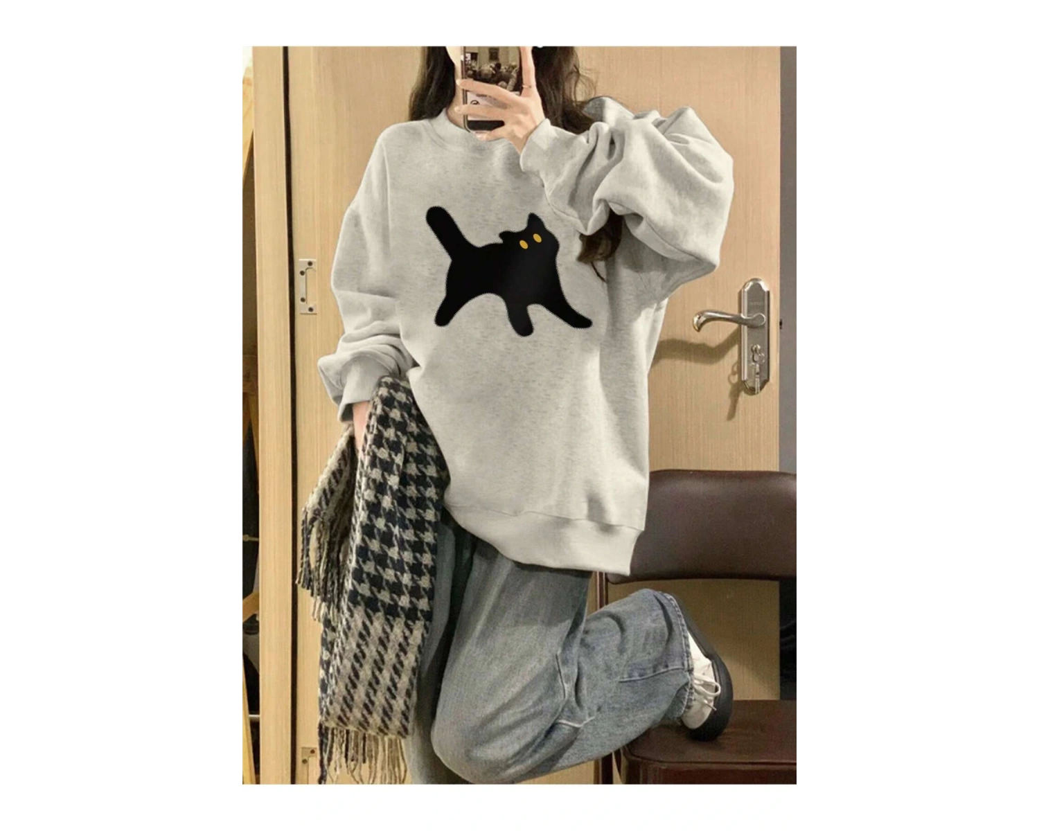 Kedi Desenli Düşük Omuz Oversize Sweat Gri