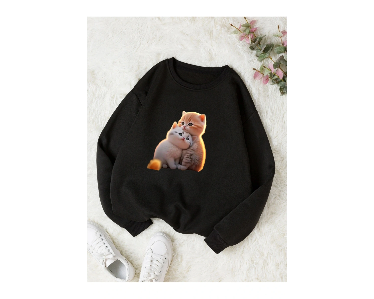 Kedicikler Renkli Oversize Bisiklet Yaka Pamuklu Sweatshirt Beyaz