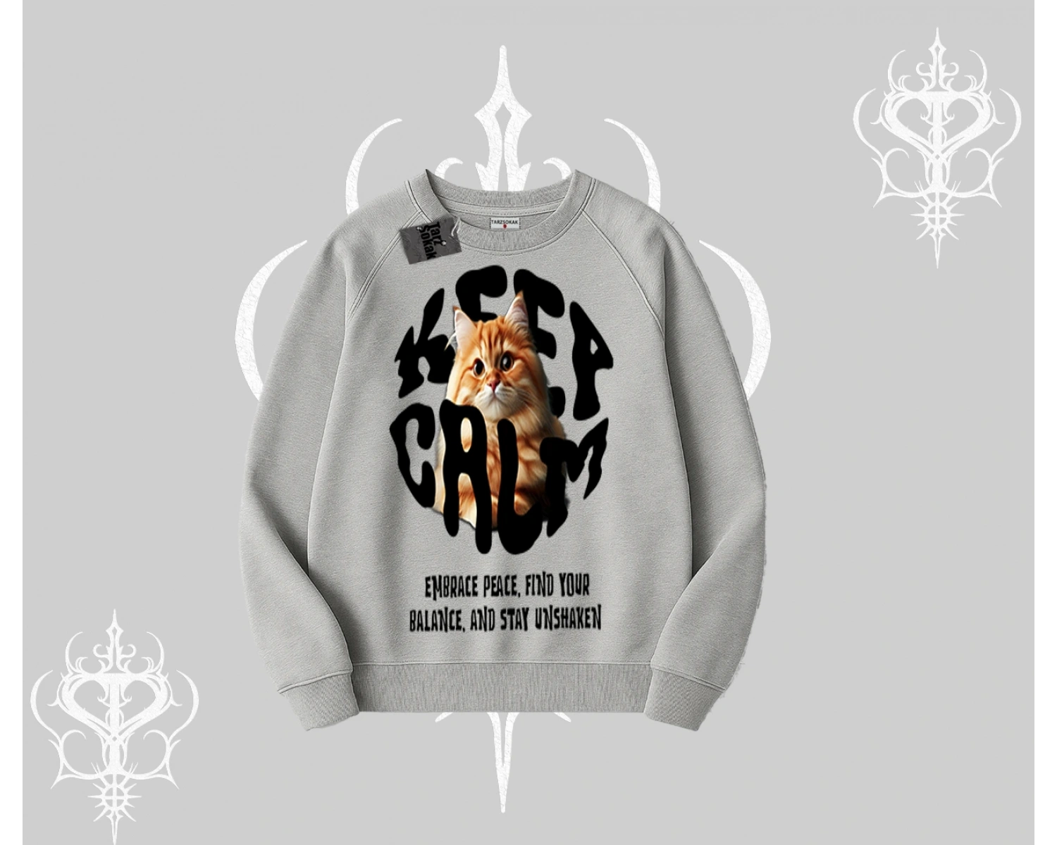 Keep Calm Yazılı Kedi Baskılı Streetwear Biskilet Sweatshirt