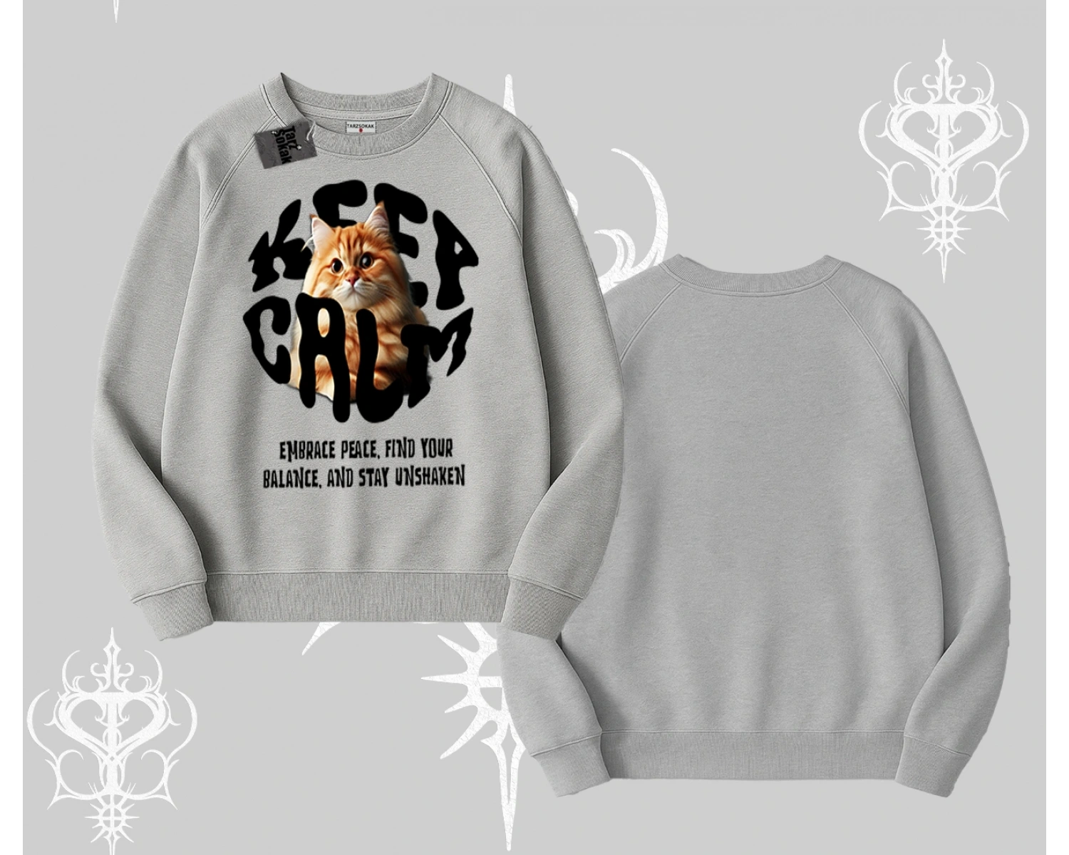 Keep Calm Yazılı Kedi Baskılı Streetwear Biskilet Sweatshirt
