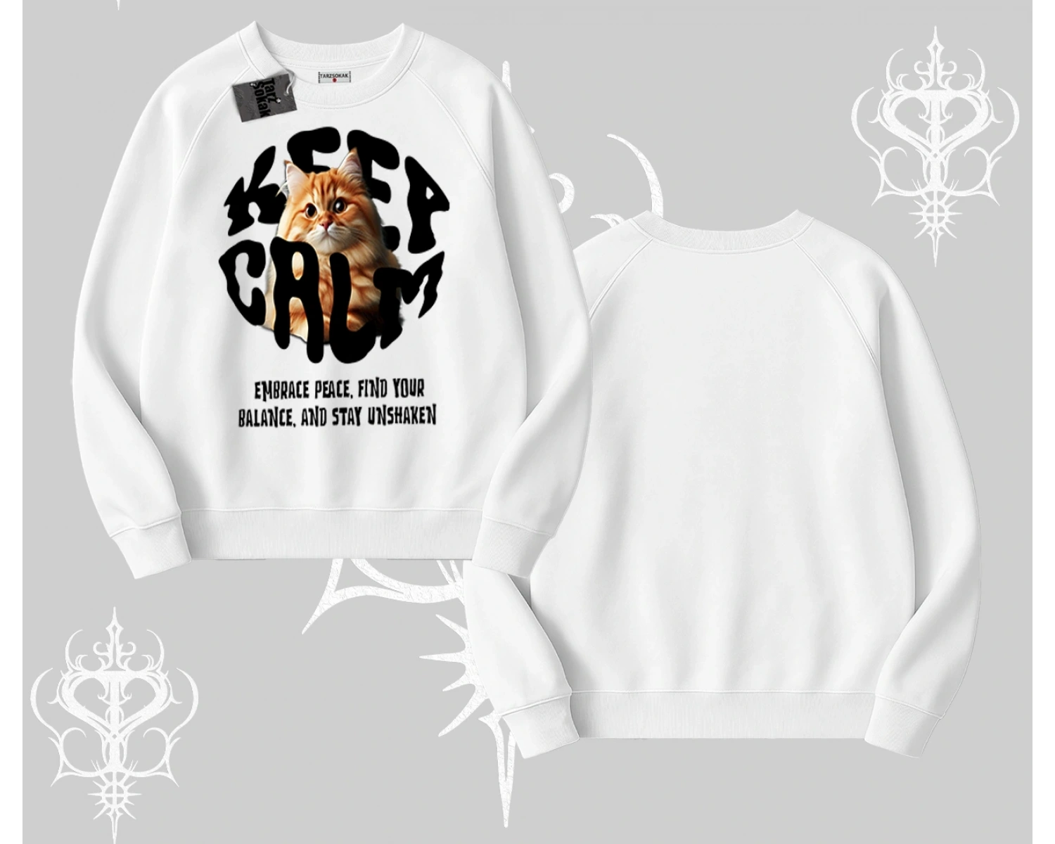 Keep Calm Yazılı Kedi Baskılı Streetwear Biskilet Sweatshirt