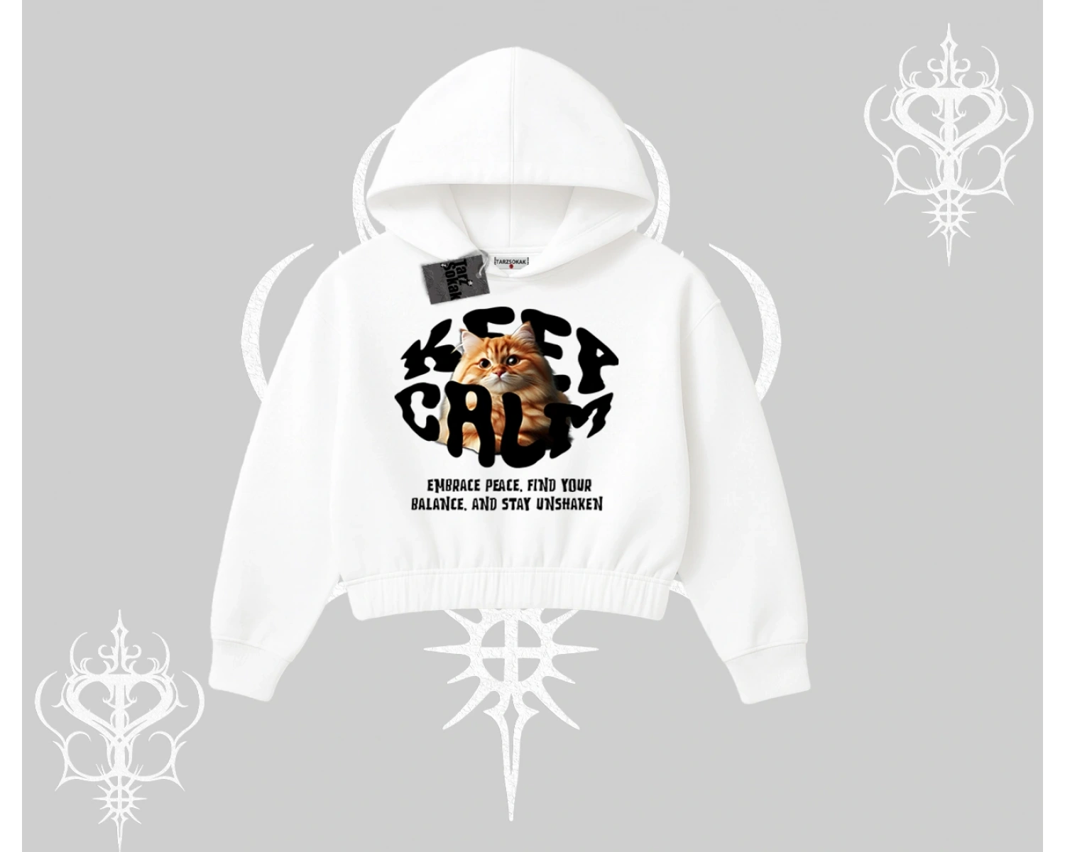 Keep Calm Yazılı Kedi Baskılı Streetwear Kapşonlu Crop Sweatshirt