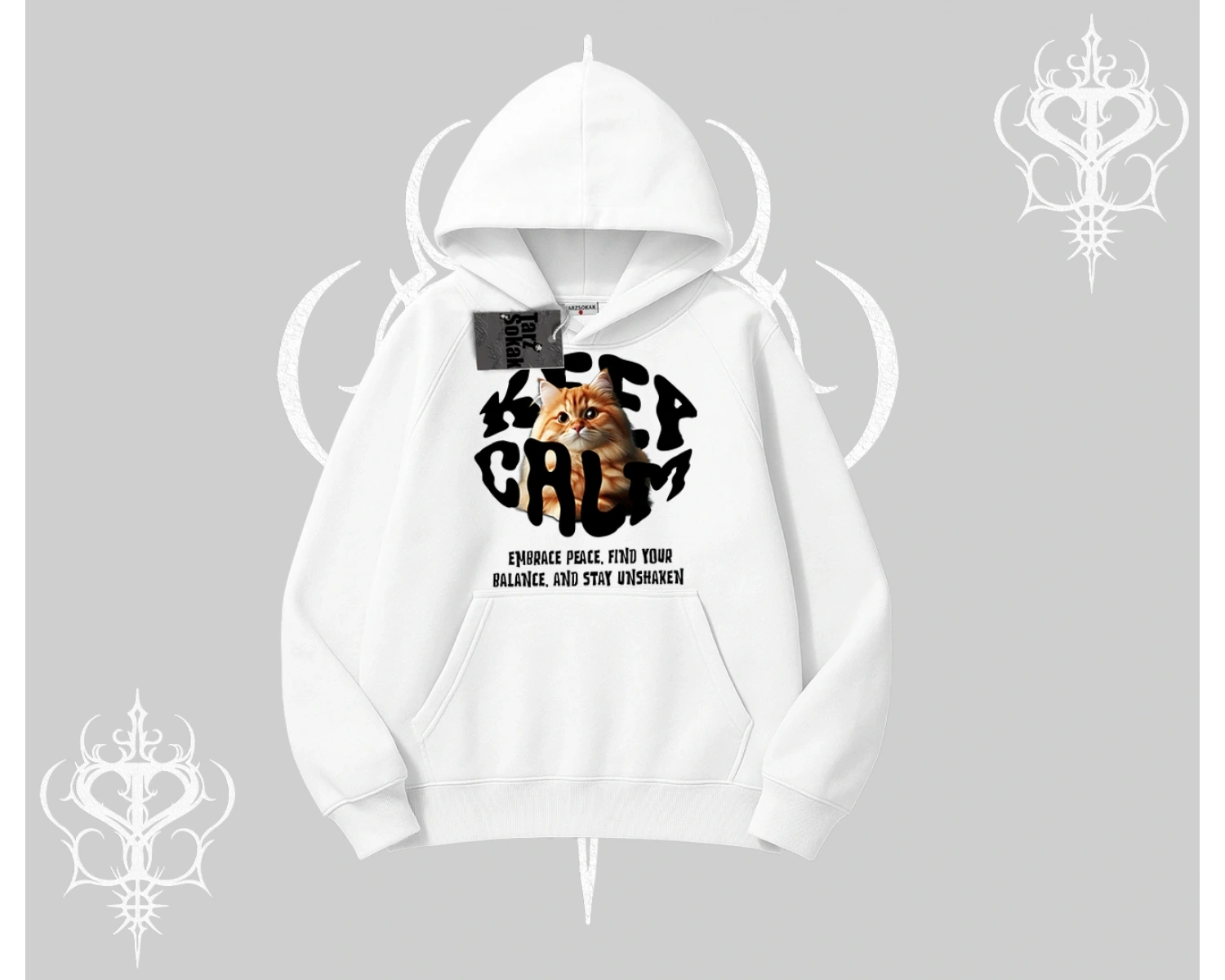 Keep Calm Yazılı Kedi Baskılı Streetwear Kapşonlu Sweatshirt