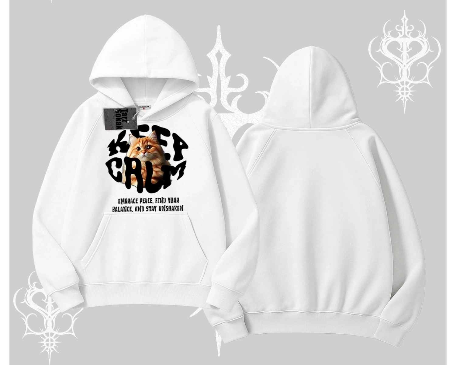 Keep Calm Yazılı Kedi Baskılı Streetwear Kapşonlu Sweatshirt