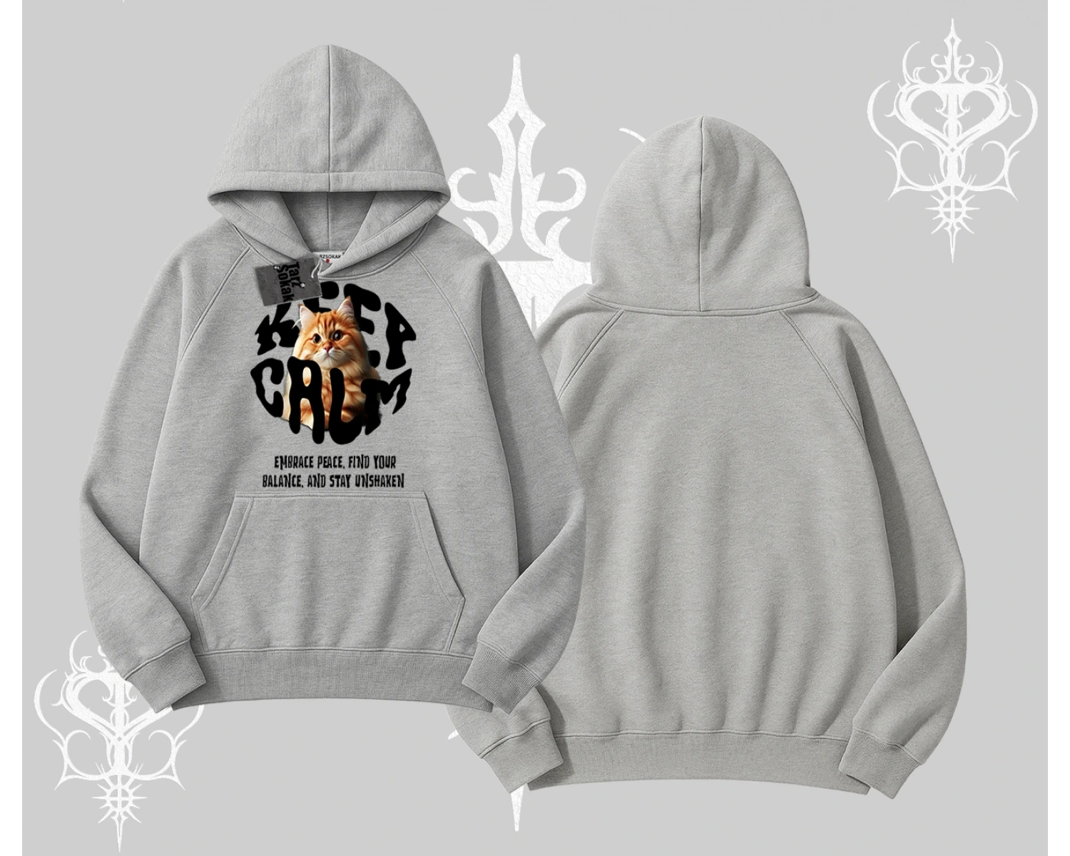 Keep Calm Yazılı Kedi Baskılı Streetwear Kapşonlu Sweatshirt