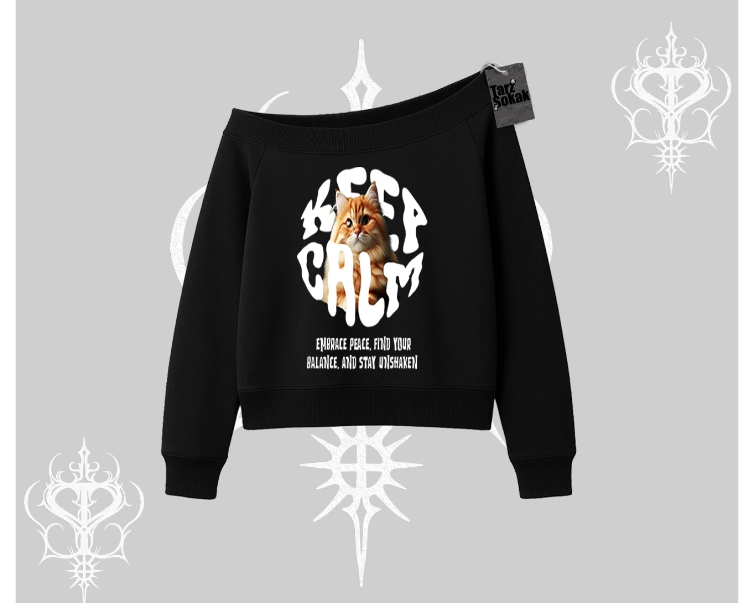 Keep Calm Yazılı Kedi Baskılı Streetwear Kayık Yaka Sweatshirt