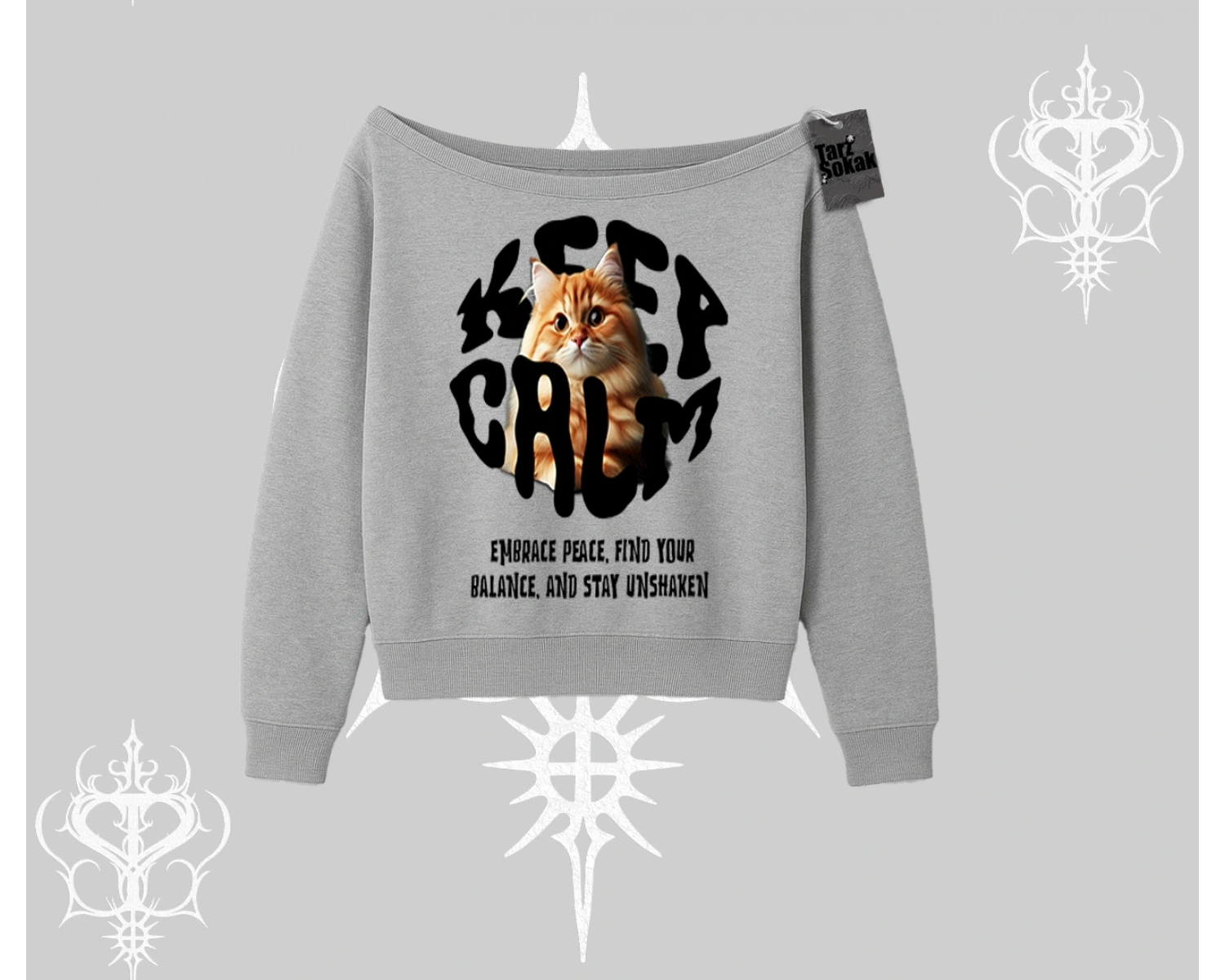 Keep Calm Yazılı Kedi Baskılı Streetwear Kayık Yaka Sweatshirt