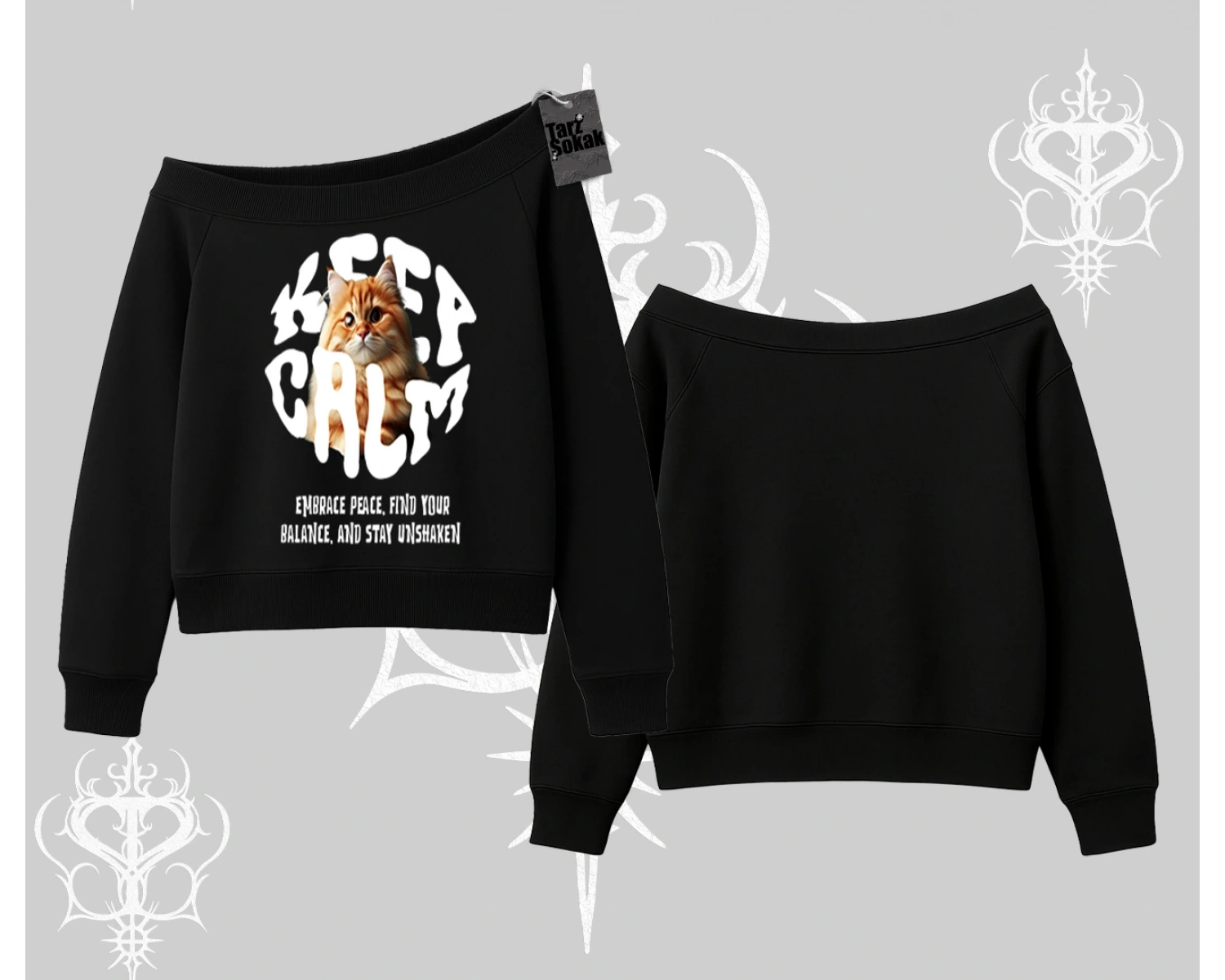 Keep Calm Yazılı Kedi Baskılı Streetwear Kayık Yaka Sweatshirt
