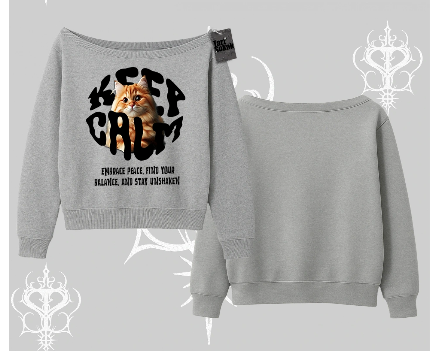 Keep Calm Yazılı Kedi Baskılı Streetwear Kayık Yaka Sweatshirt