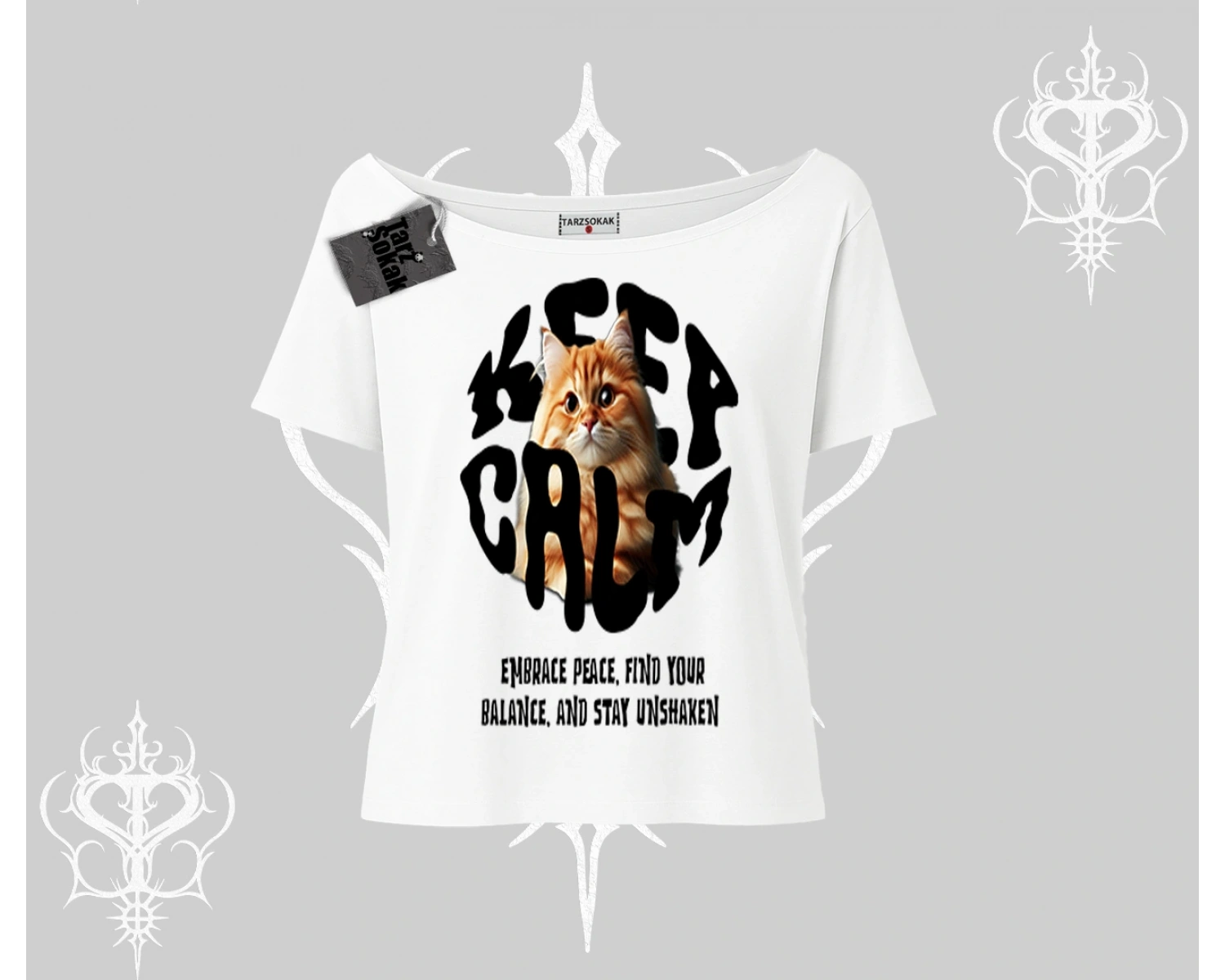 Keep Calm Yazılı Kedi Baskılı Streetwear Kayık Yaka Tshirt