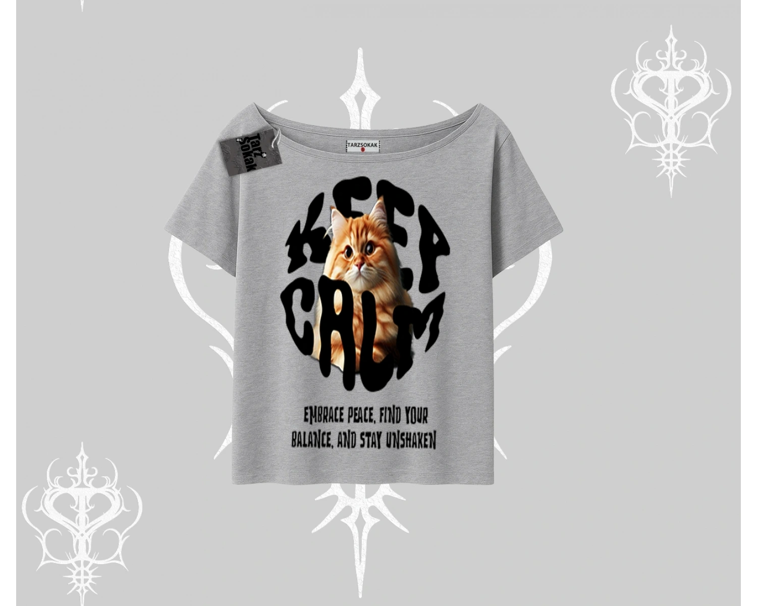 Keep Calm Yazılı Kedi Baskılı Streetwear Kayık Yaka Tshirt