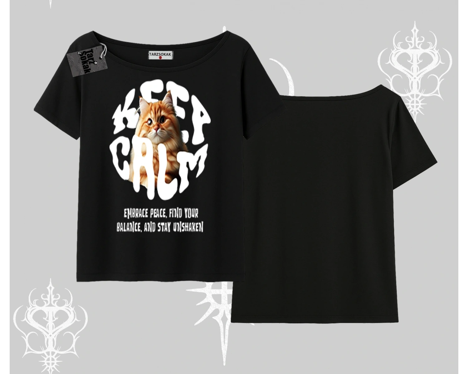 Keep Calm Yazılı Kedi Baskılı Streetwear Kayık Yaka Tshirt