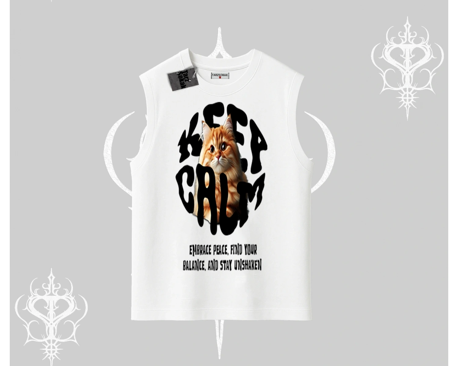 Keep Calm Yazılı Kedi Baskılı Streetwear Kolsuz Tshirt