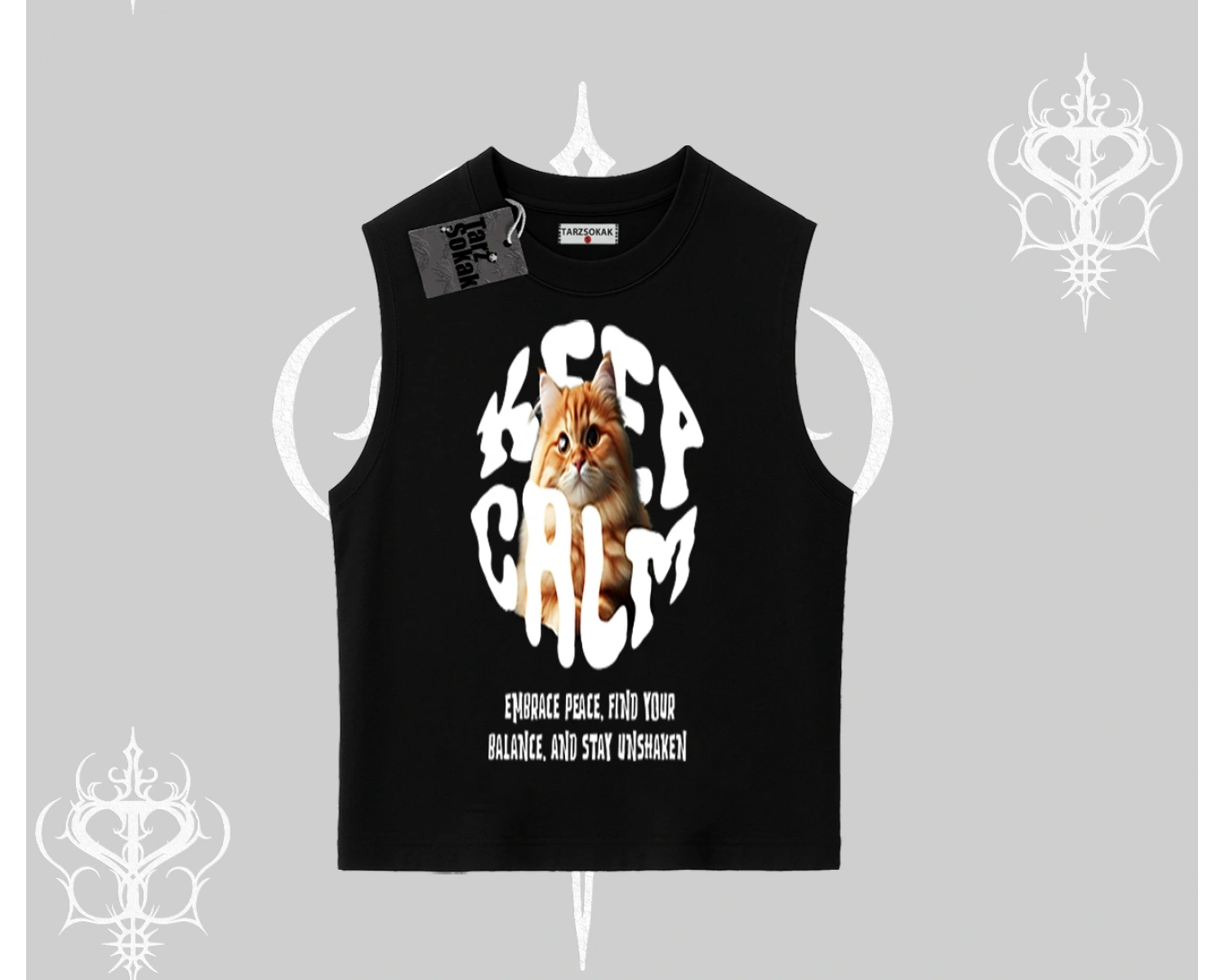 Keep Calm Yazılı Kedi Baskılı Streetwear Kolsuz Tshirt