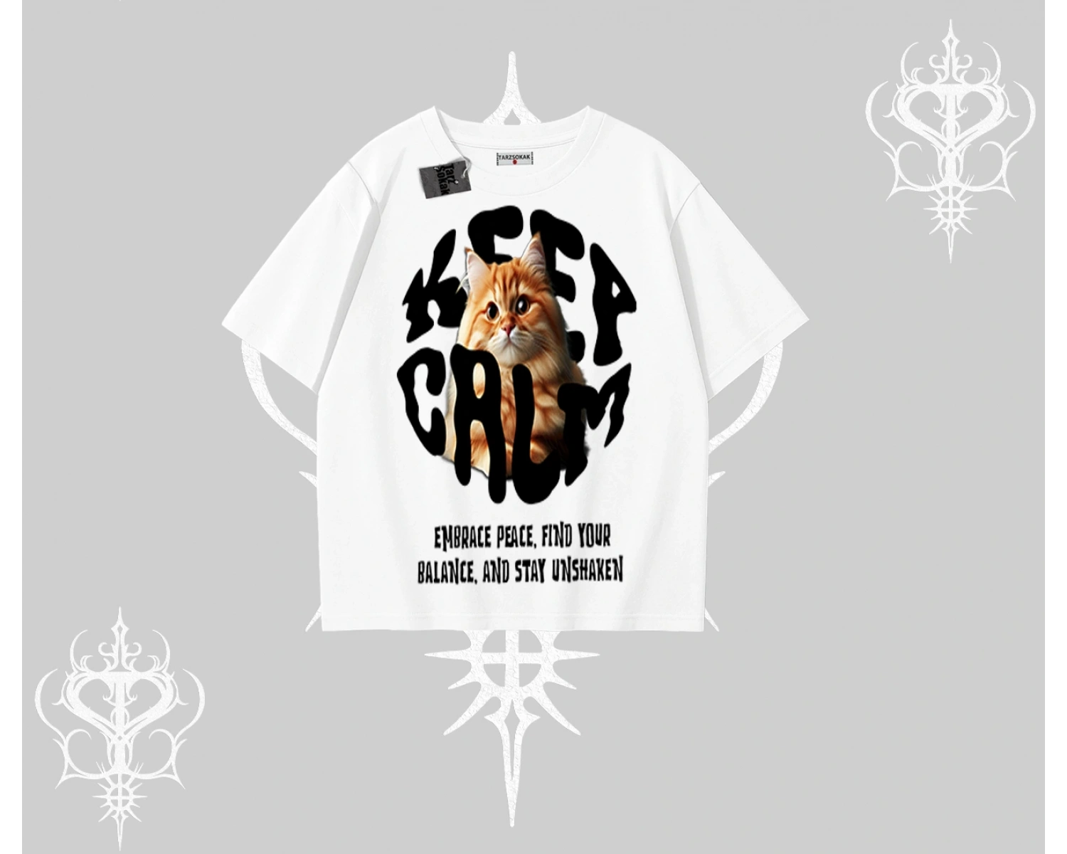 Keep Calm Yazılı Kedi Baskılı Streetwear Oversize Tshirt