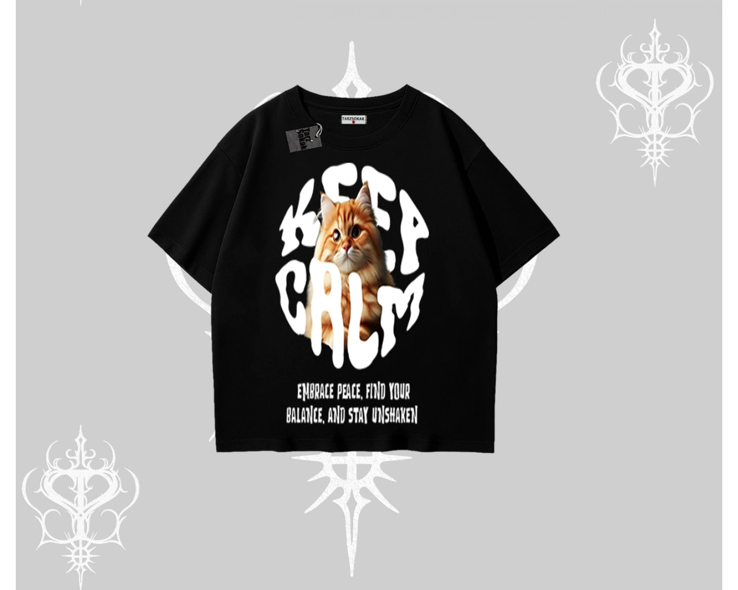 Keep Calm Yazılı Kedi Baskılı Streetwear Oversize Tshirt