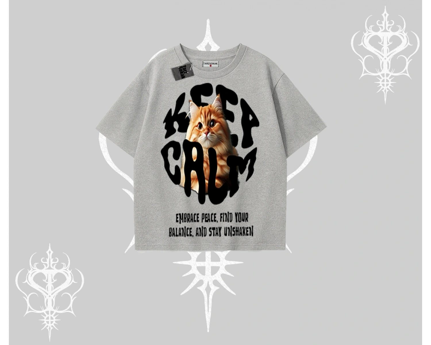Keep Calm Yazılı Kedi Baskılı Streetwear Oversize Tshirt