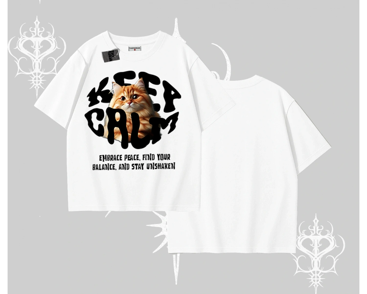 Keep Calm Yazılı Kedi Baskılı Streetwear Oversize Tshirt