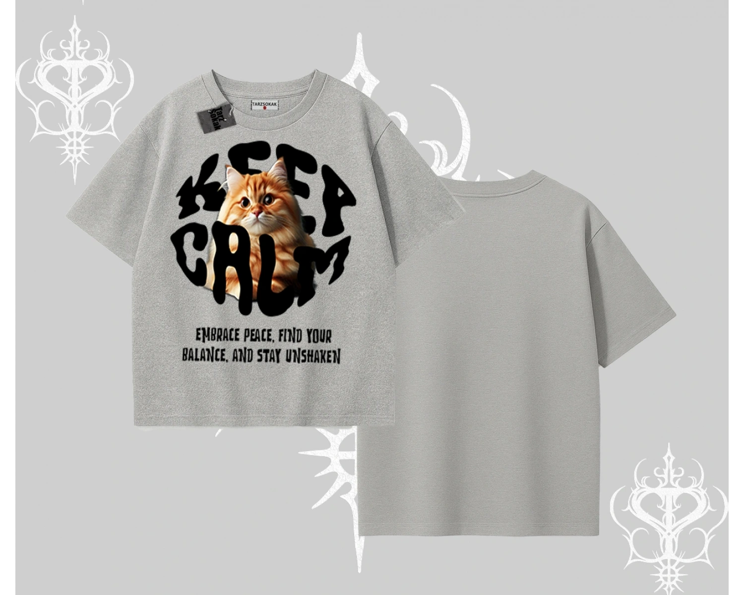 Keep Calm Yazılı Kedi Baskılı Streetwear Oversize Tshirt