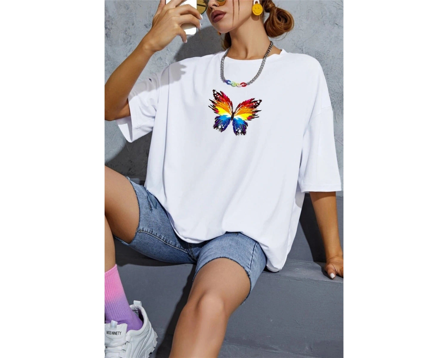 Kelebek Baskı Oversize T-shirt