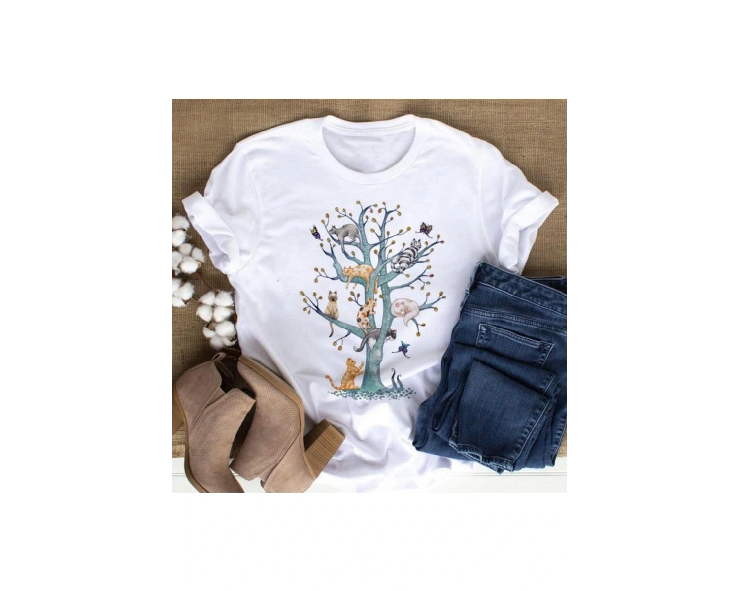 Kırmızı Etiket Kedi Desenli Kadın T-shirt Mod73 08570