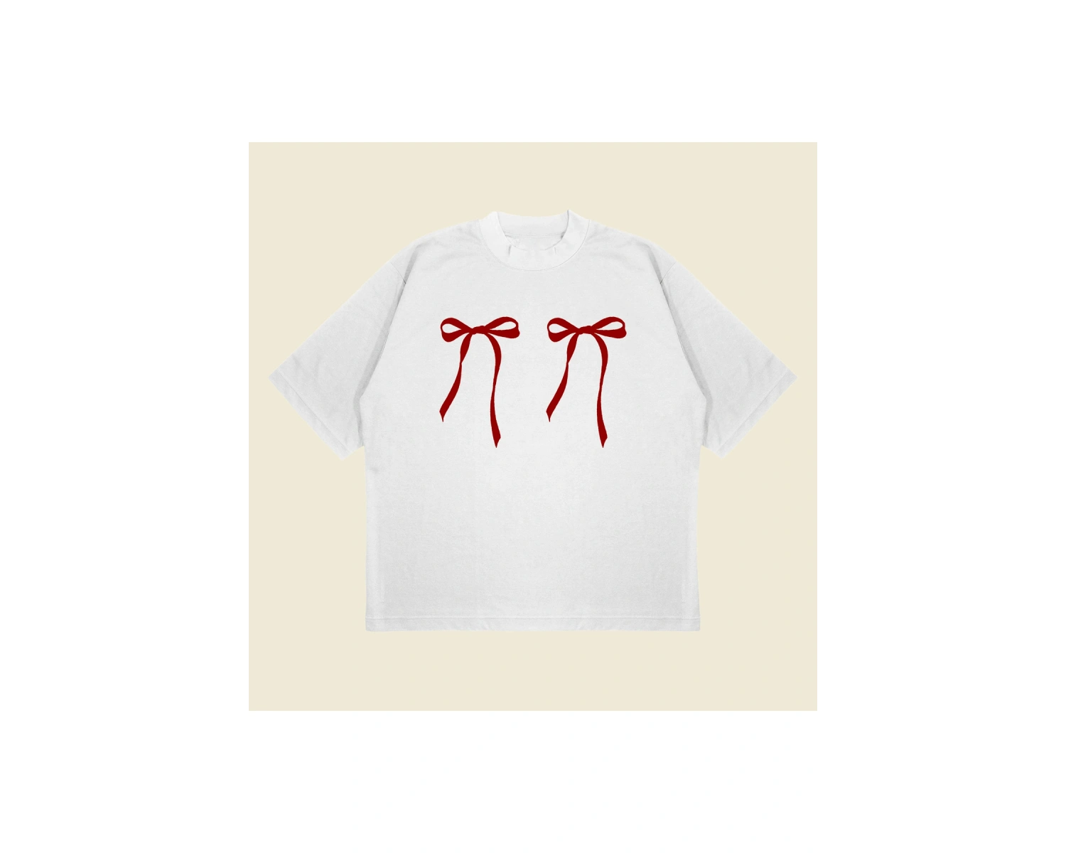 Kırmızı Fiyonk Baskılı Oversize Unisex Pamuklu Nefes Alan Kalın Kumaşlı