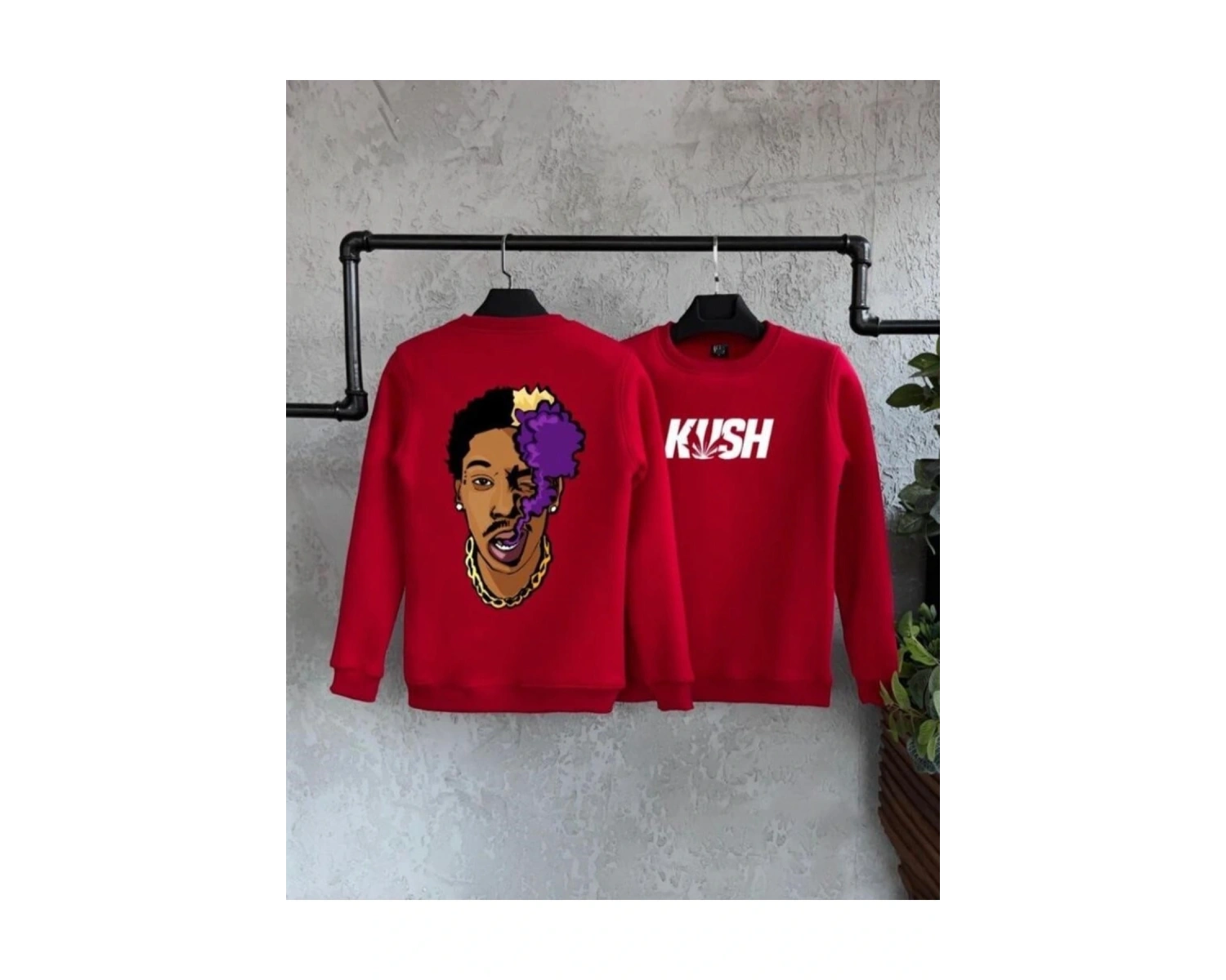 Kırmızı Oversize Kush Baskılı Pamuklu Unisex Kapşonsuz Sweatshirt