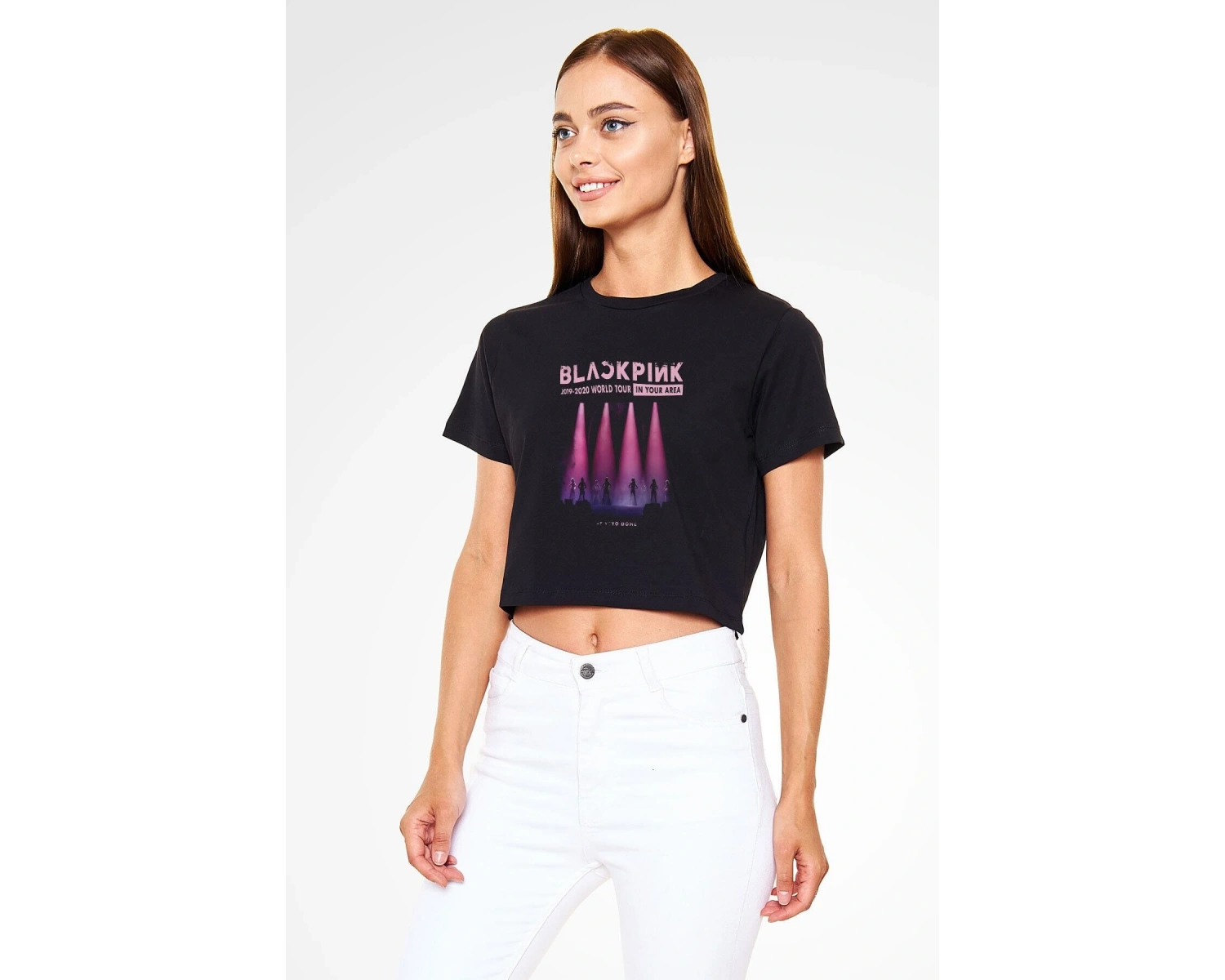 Ko Buta Black Pink Baskılı Kadın Siyah Crop Top Tişört Ct18561
