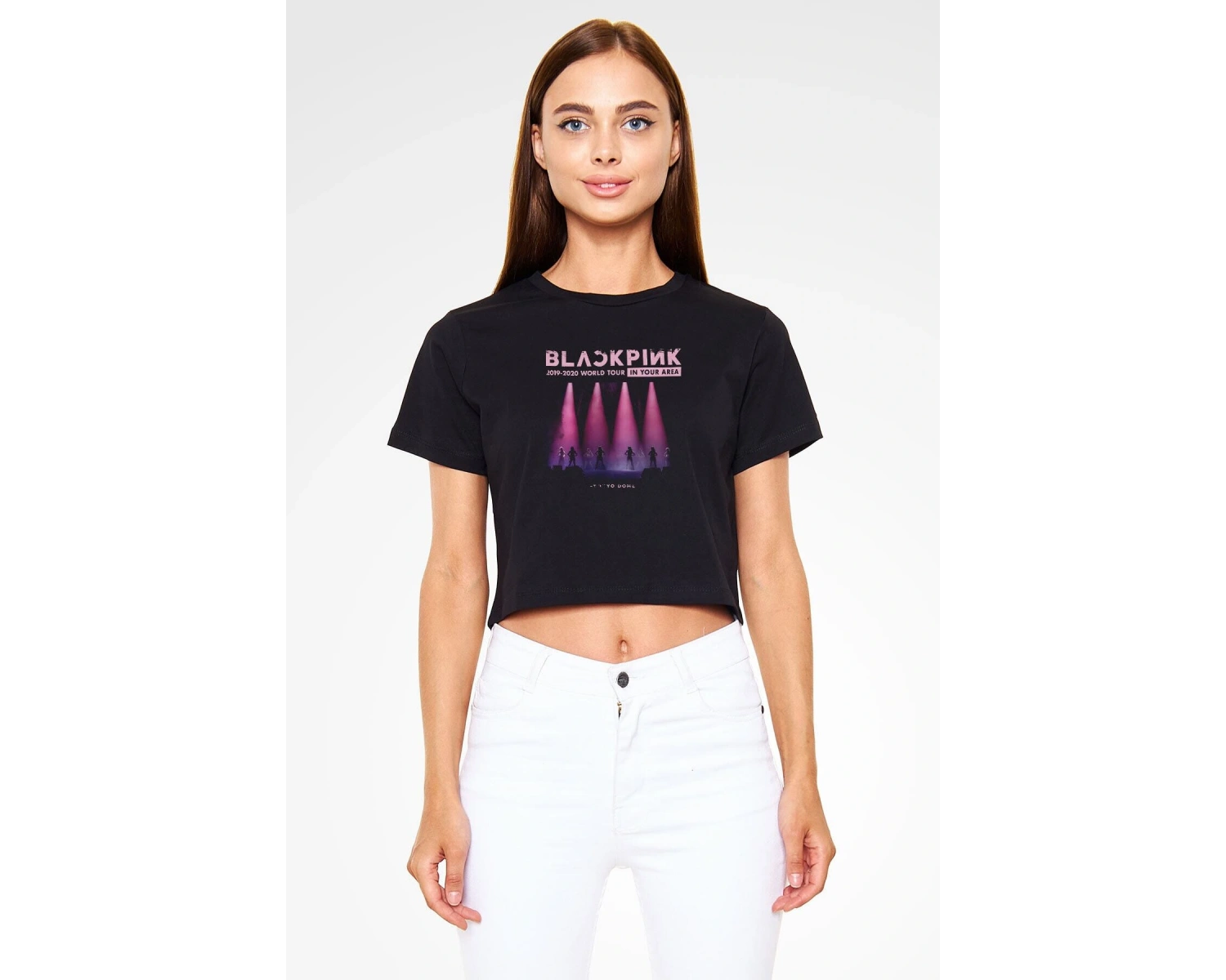 Ko Buta Black Pink Baskılı Kadın Siyah Crop Top Tişört Ct18561