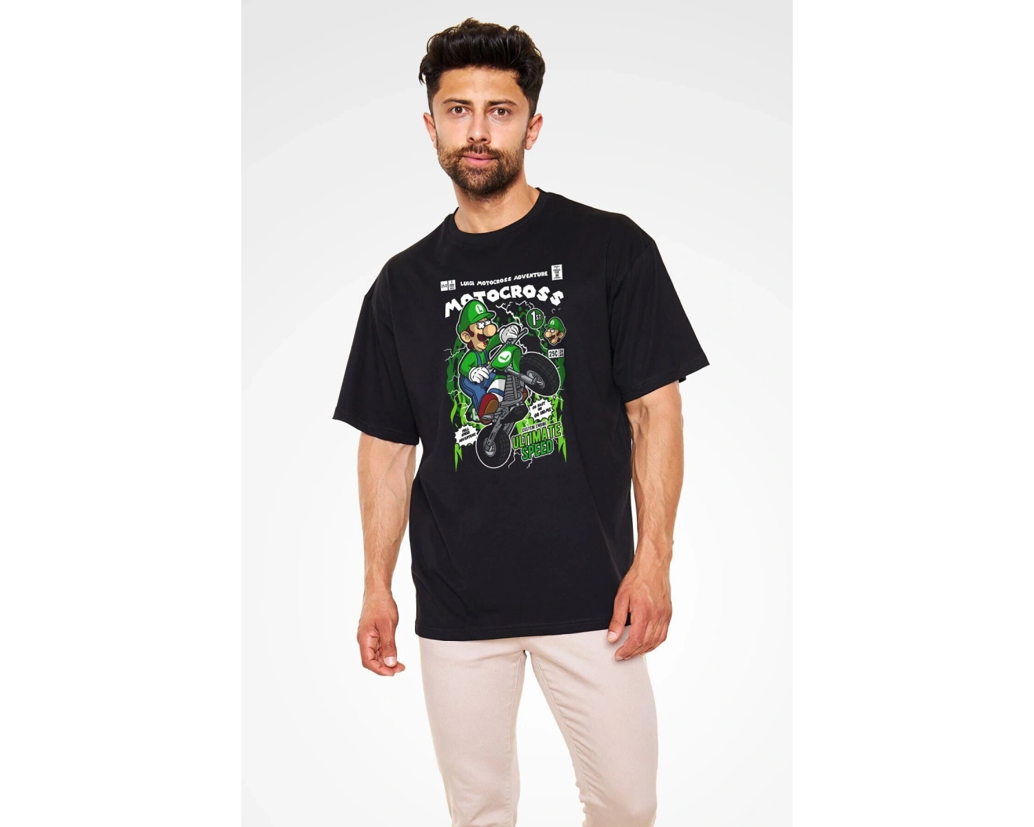 Ko Buta Luigi Motocross Baskılı Unisex Siyah Oversize Tişört Os17889