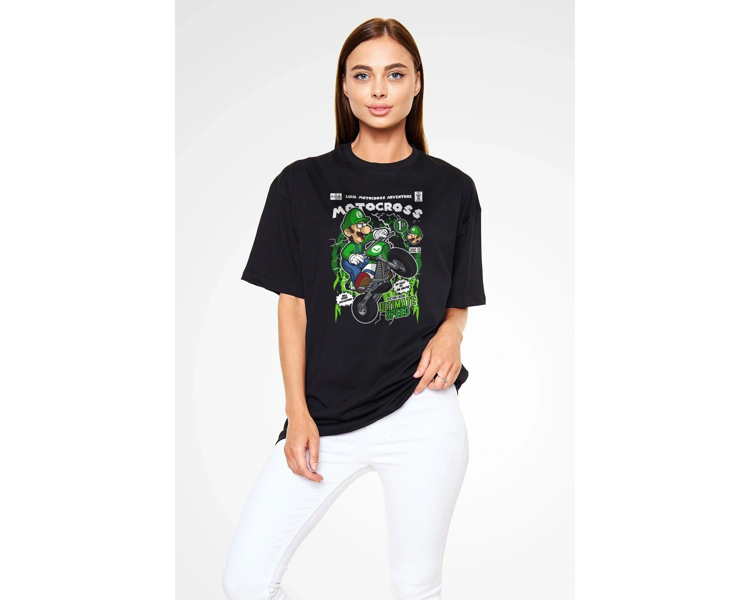 Ko Buta Luigi Motocross Baskılı Unisex Siyah Oversize Tişört Os17889