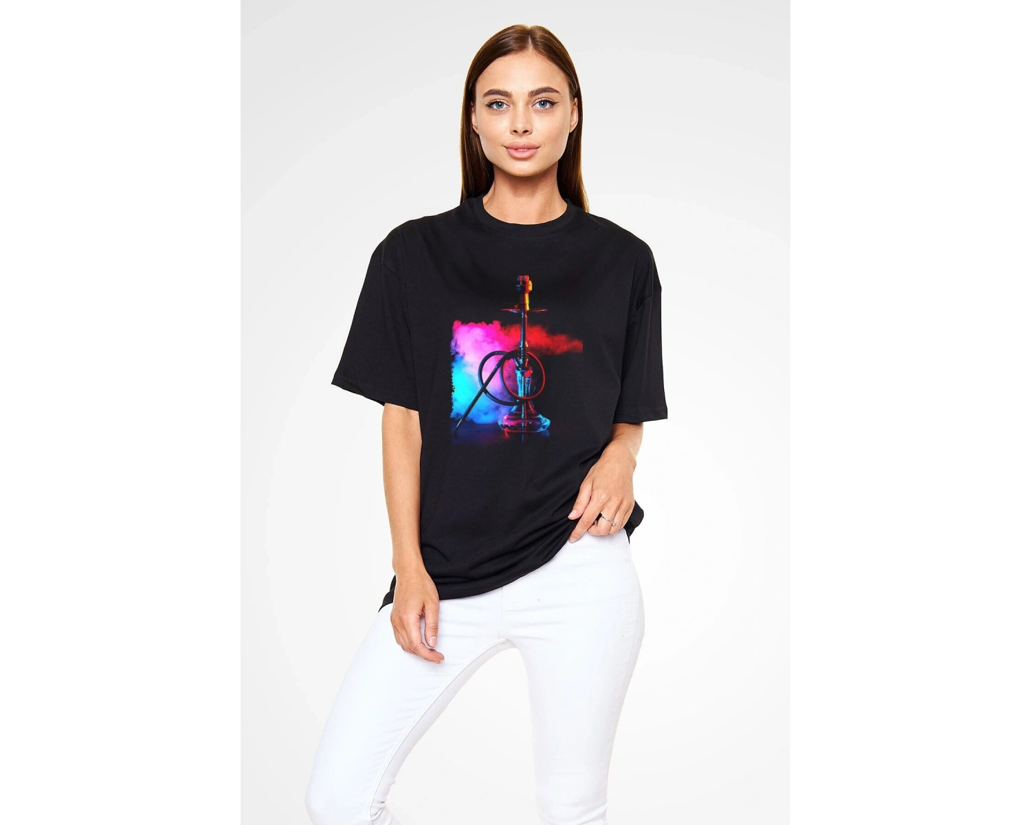 Ko Buta Nargile Baskılı Unisex Siyah Oversize T-shirt Os9944