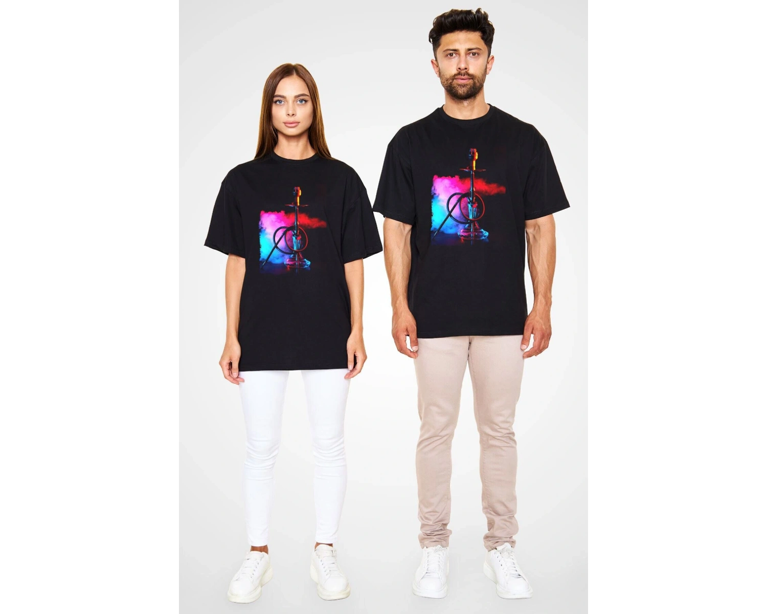 Ko Buta Nargile Baskılı Unisex Siyah Oversize T-shirt Os9944