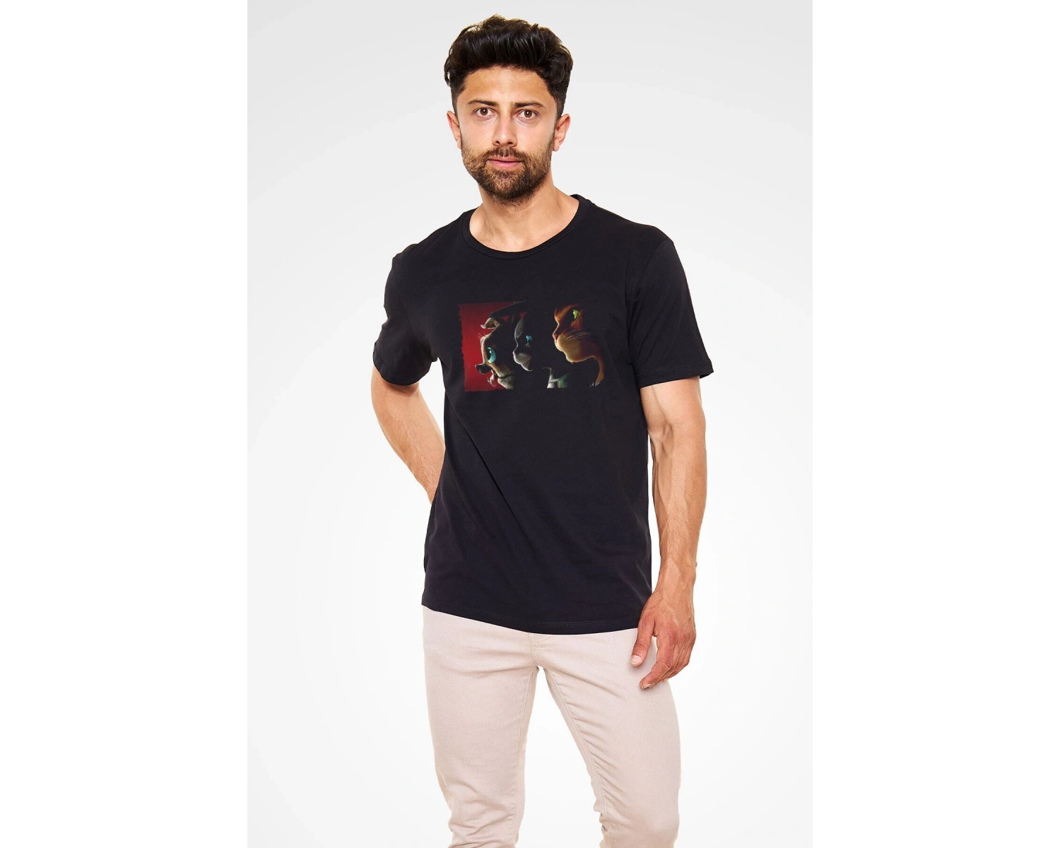 Ko Buta Unisex Çizmeli Kedi (PUSS İN BOOTS) Baskılı Siyah T-shirt T19458