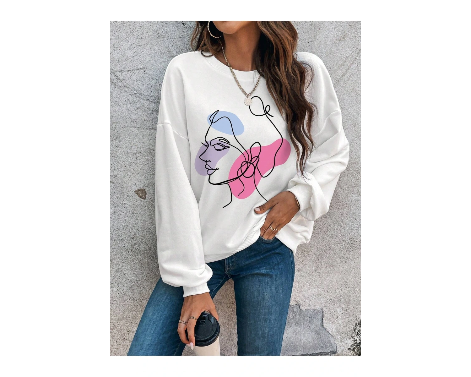 KOD ADR-SHEN Clasi Abstract Figure Graphic Drop Shoulder Sweatshirt Beyaz