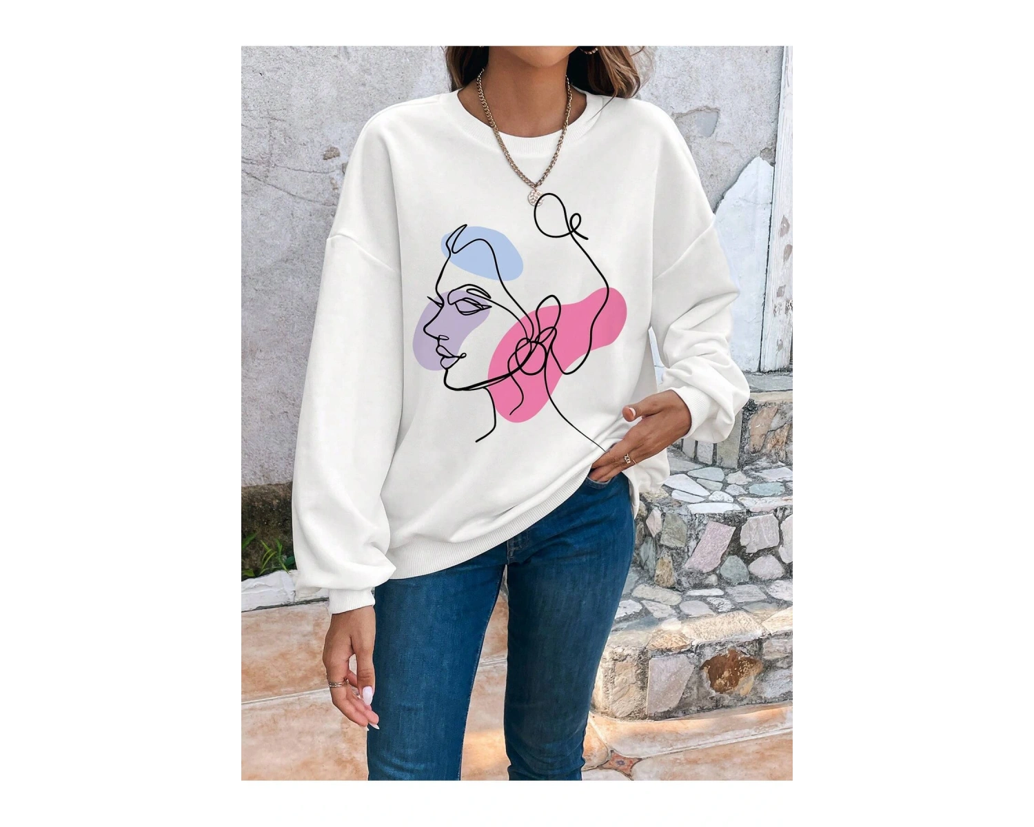 KOD ADR-SHEN Clasi Abstract Figure Graphic Drop Shoulder Sweatshirt Beyaz