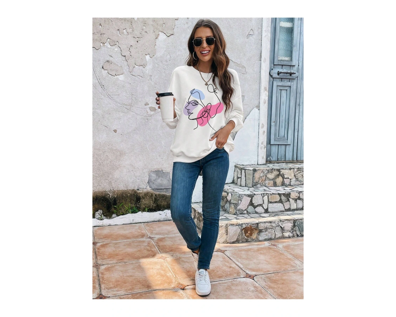 KOD ADR-SHEN Clasi Abstract Figure Graphic Drop Shoulder Sweatshirt Beyaz