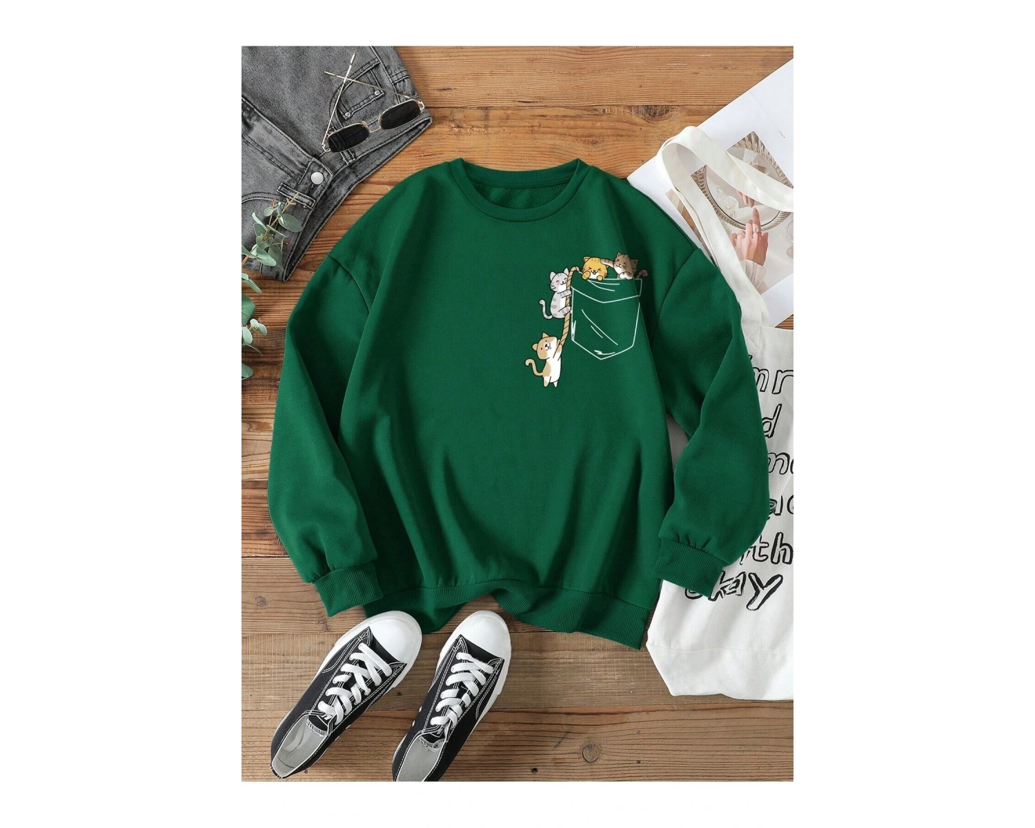 KOD ADR-SHEN EZwear Cartoon Graphic Lined Sweatshirt Yeşil