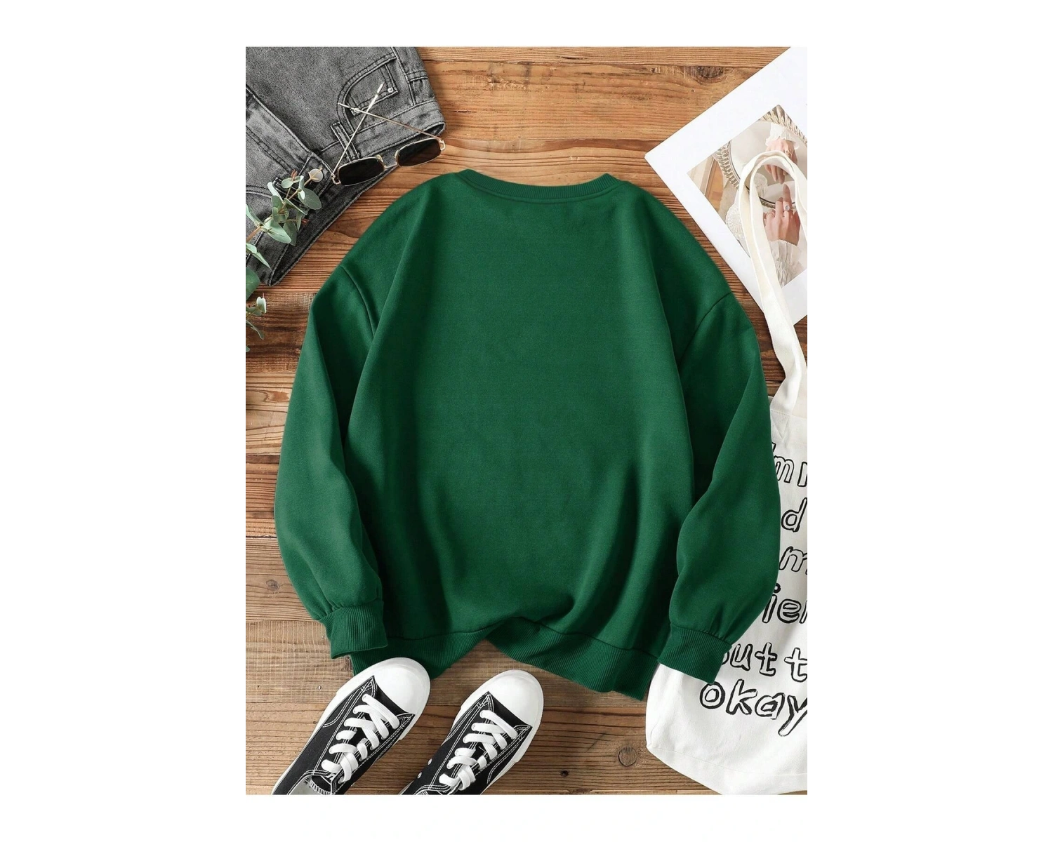 KOD ADR-SHEN EZwear Cartoon Graphic Lined Sweatshirt Yeşil