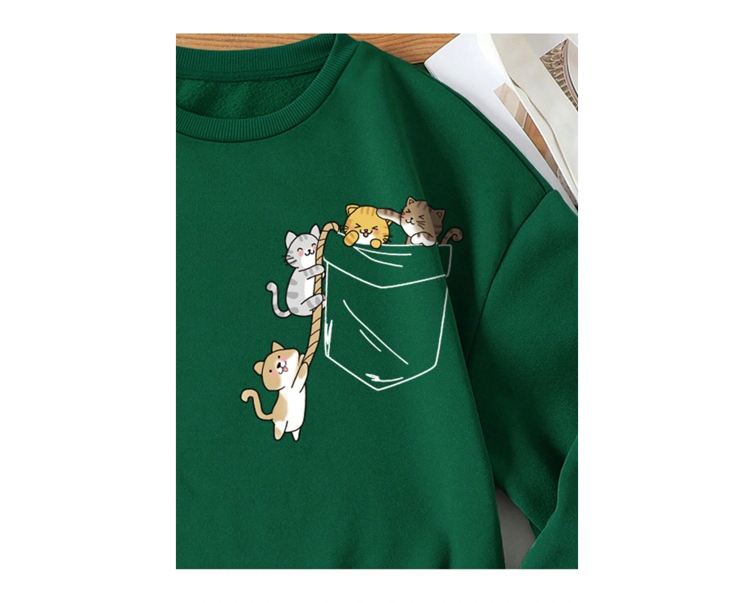 KOD ADR-SHEN EZwear Cartoon Graphic Lined Sweatshirt Yeşil