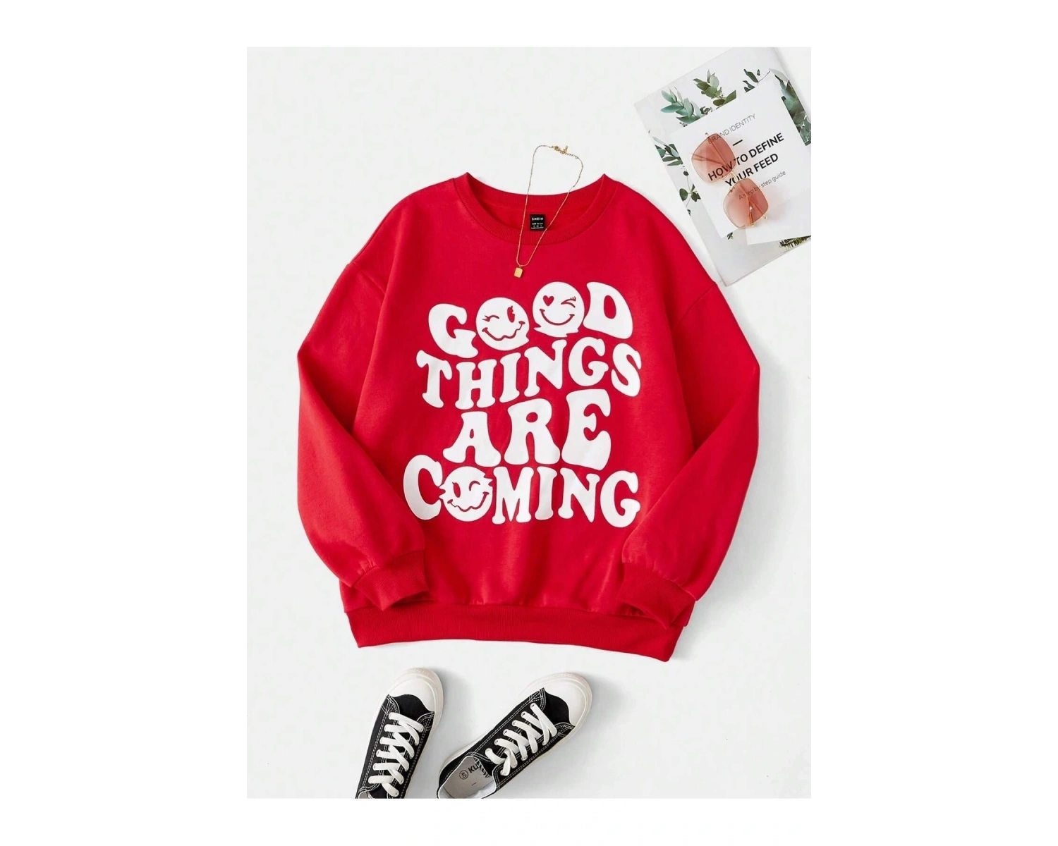KOD ADR-SHEN EZwear Dopamine Dressing Slogan & Cartoon Face Print Drop Shoulder Sweatshirt